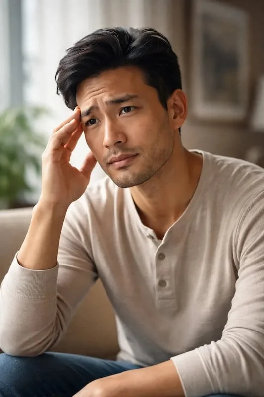 a worried looking asian man