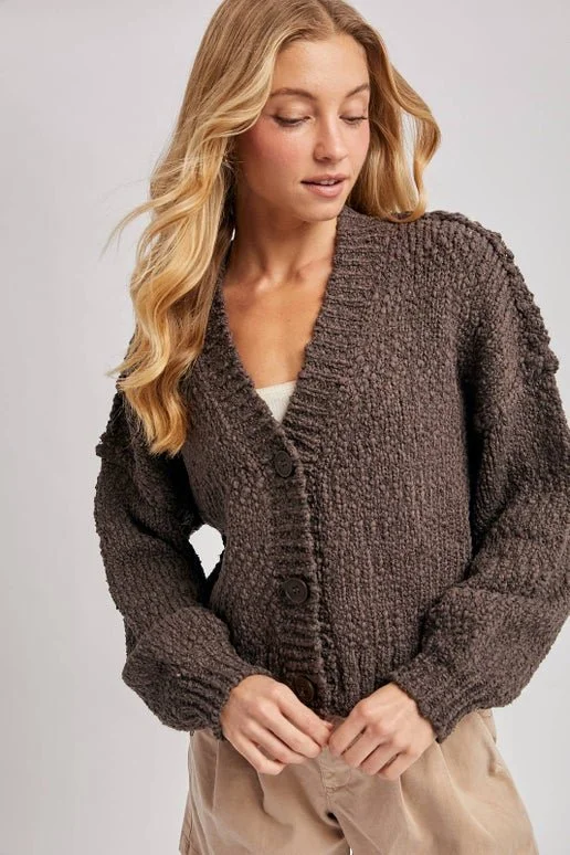 CROPPED POPCORN KNIT SWEATER CARDIGAN