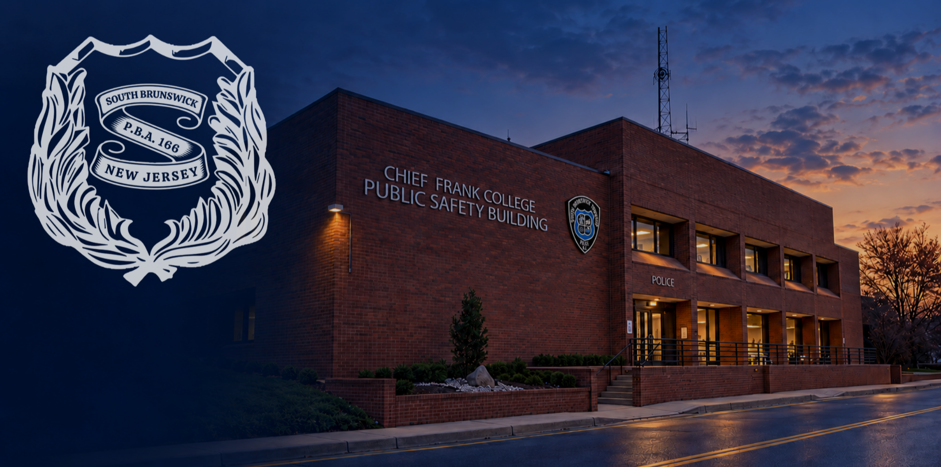 South Brunswick PBA Local 166 emblem beside the public safety building at dusk