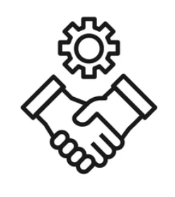 Line drawing of two hands shaking with a gear above them, symbolizing collaboration or partnership.