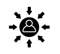 Icon of a person surrounded by arrows pointing inward, representing focus or attention on the person.