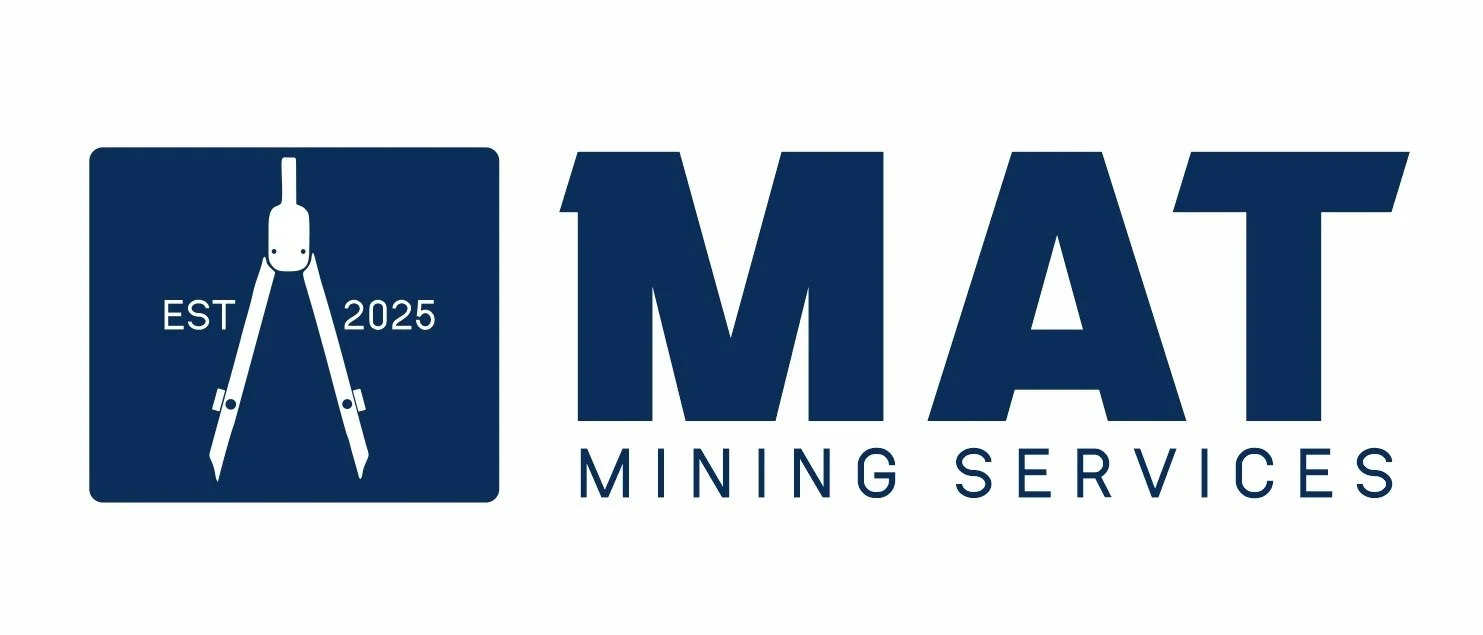Logo for MAT Mining Services featuring a compass icon with "EST 2025" and the company name in bold blue letters.