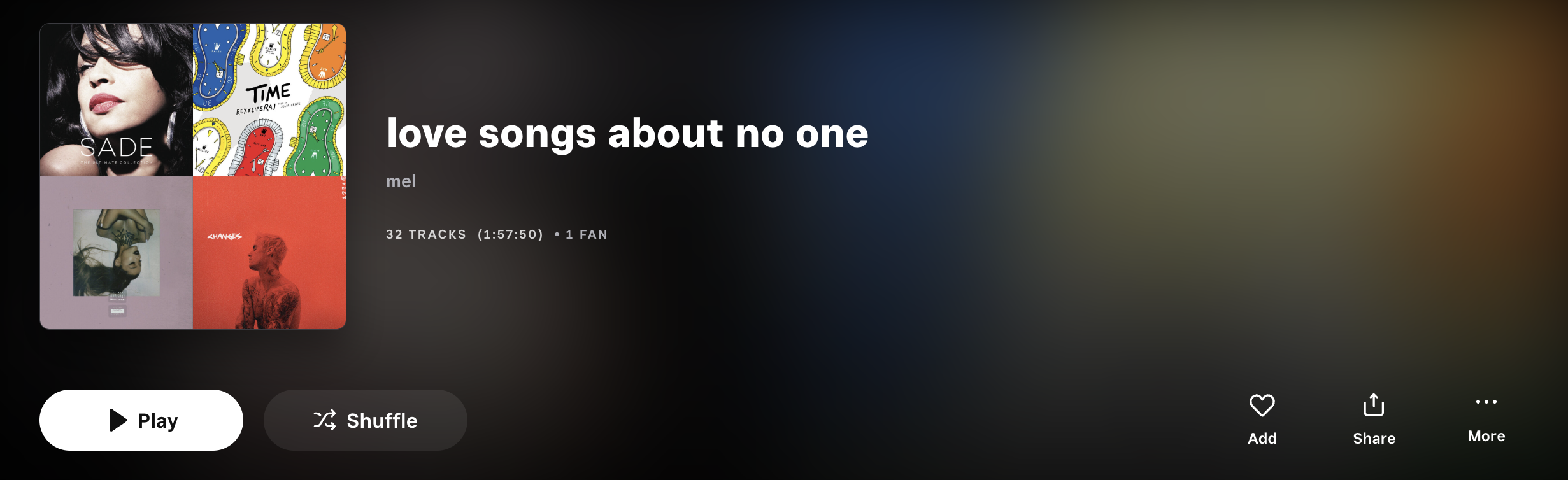 Music playlist titled 'love songs about no one' by Mel featuring 32 tracks with a duration of 1 hour, 57 minutes, and 50 seconds. The playlist cover includes five album covers, showing a woman with black hair and red lipstick, colorful shoes with clock faces, and various artistic images.