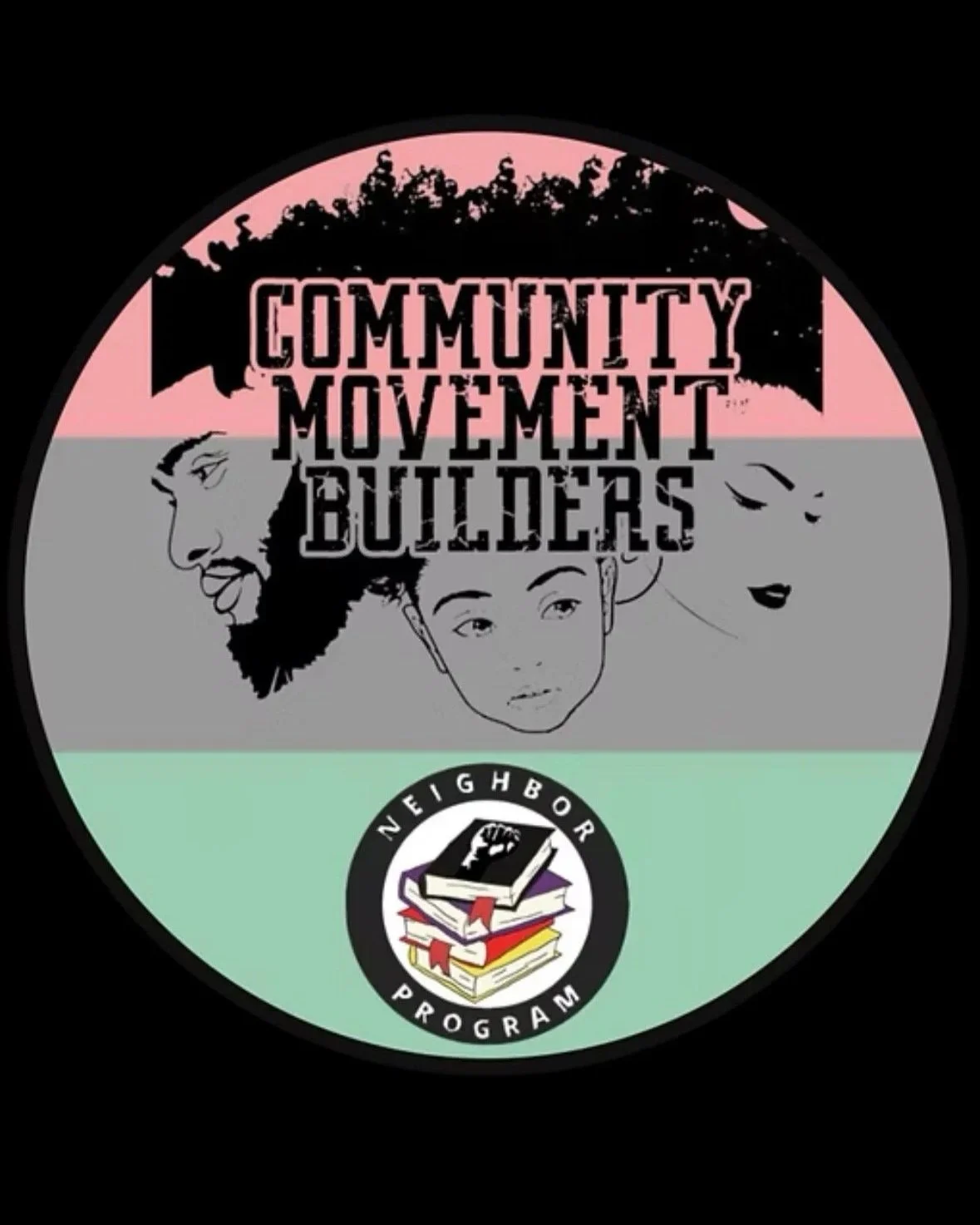 Logo for the Community Movement Builders and Neighbor Program, featuring illustrations of diverse faces and a stack of books with a raised fist.