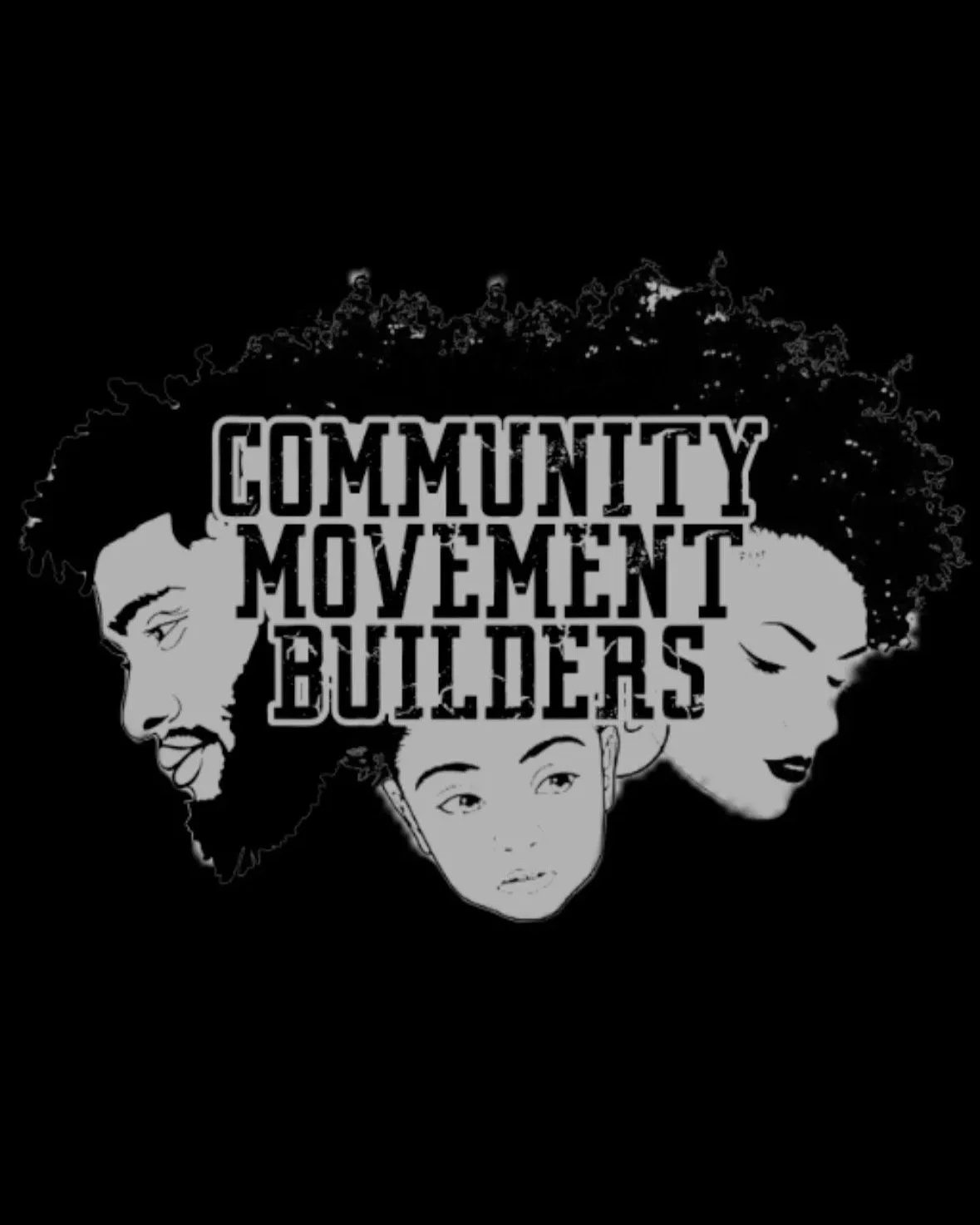 Illustration of three faces of diverse individuals with the text 'Community Movement Builders' overlaid.