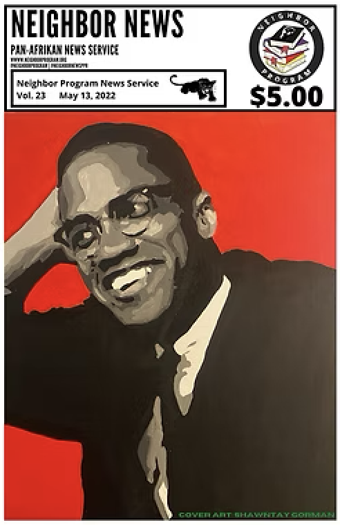 A cover of a newsletter titled 'Neighbor News' with a grinning man wearing glasses and a suit, set against a red background.