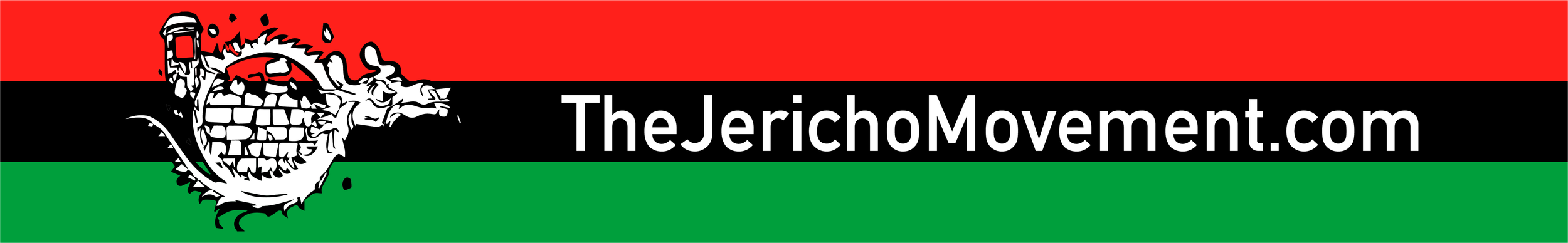 A banner with red, black, and green horizontal stripes featuring a stylized lion's head graphic and the text 'TheJerichoMovement.com'.