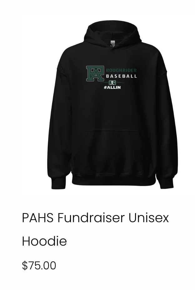 Black hoodie with green and white text that reads 'ROUGH RIDER BASEBALL #ALLIN' and a small logo of a baseball.