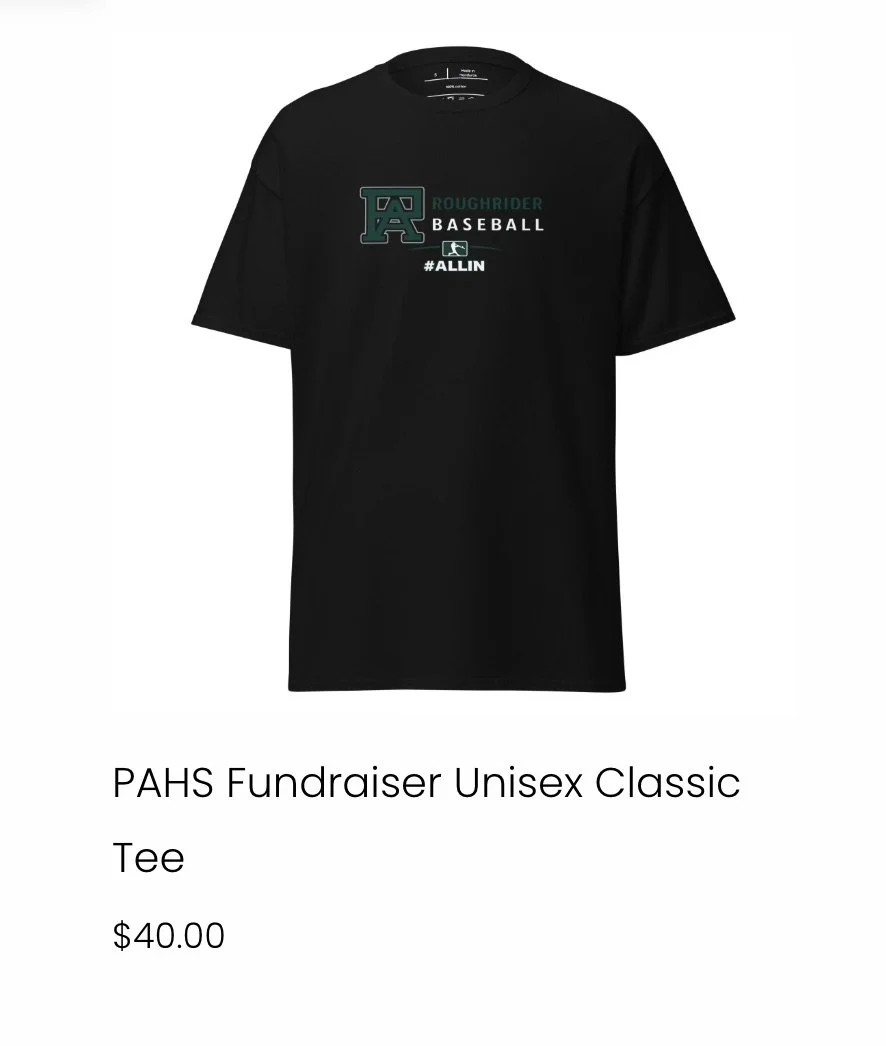 Black unisex T-shirt with green and white logo and text for a baseball fundraiser event.