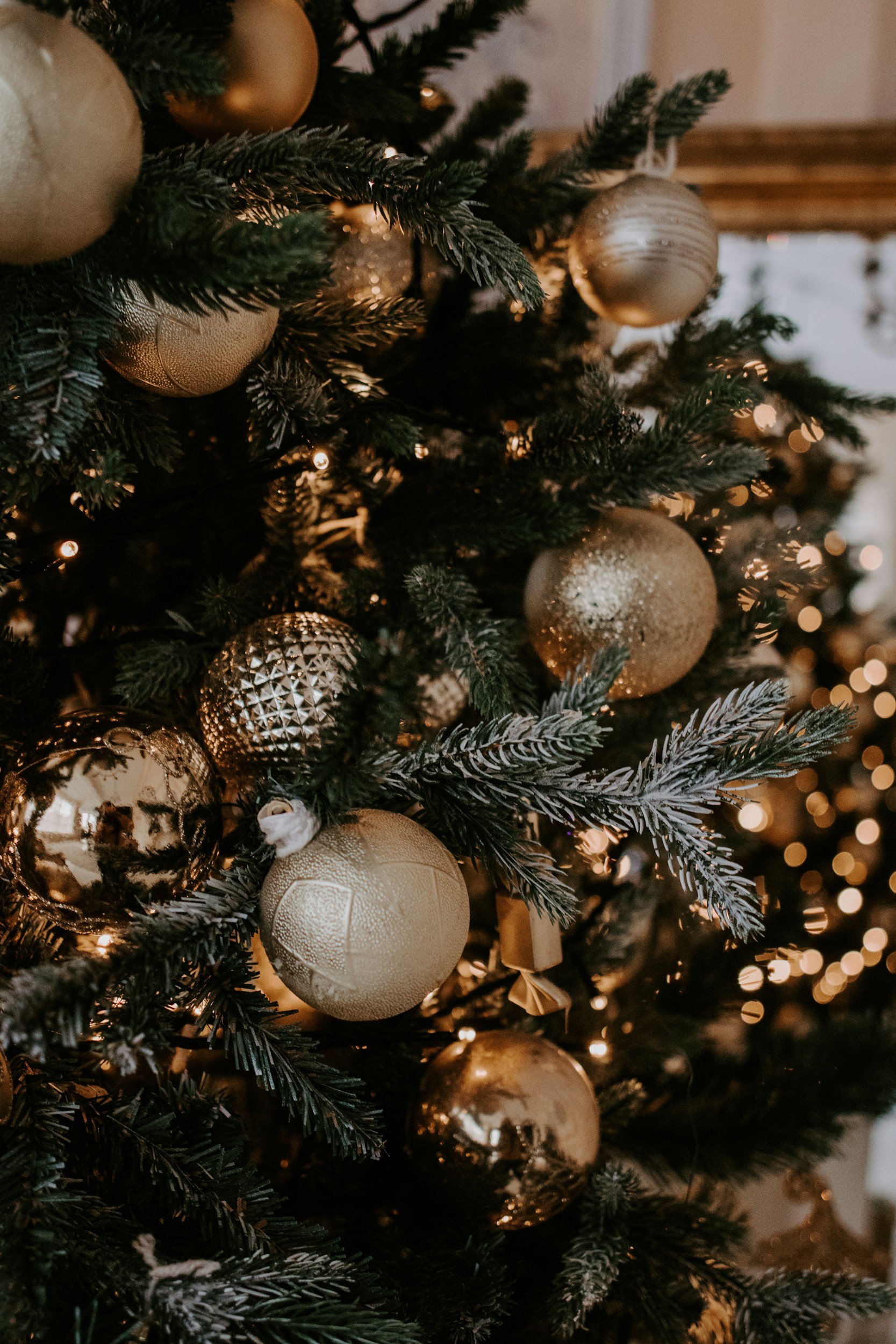 Decorated Christmas tree with gold and silver ornaments and lights.