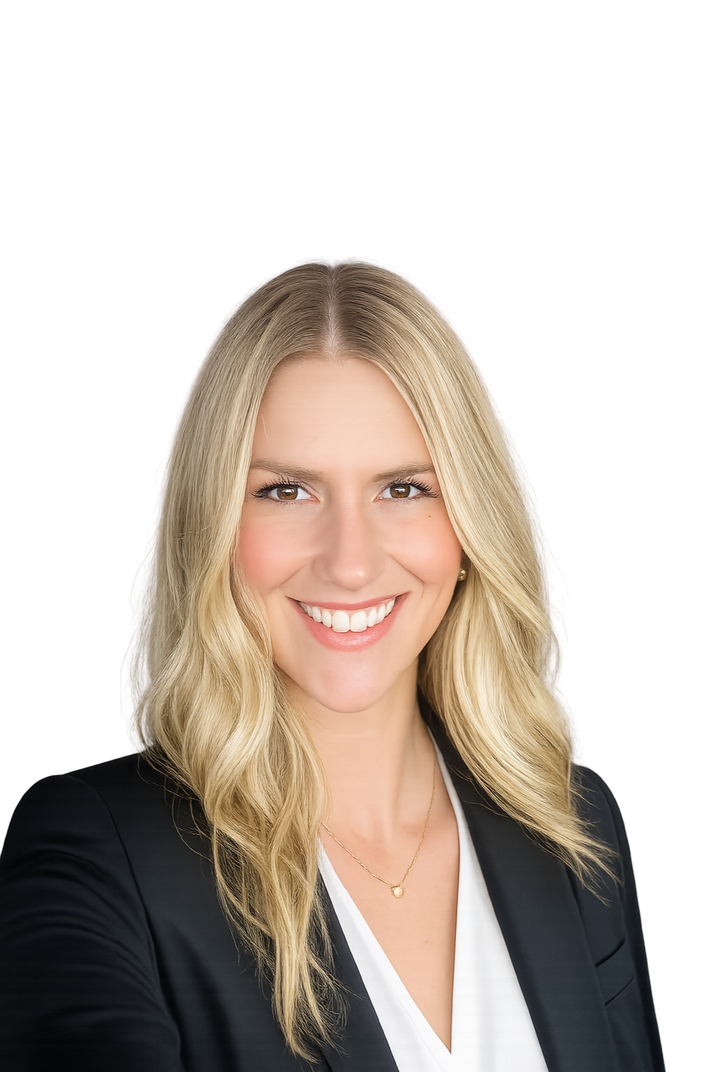 A smiling woman with long blonde hair, wearing a black blazer and white top, with a gold necklace, against a plain background.