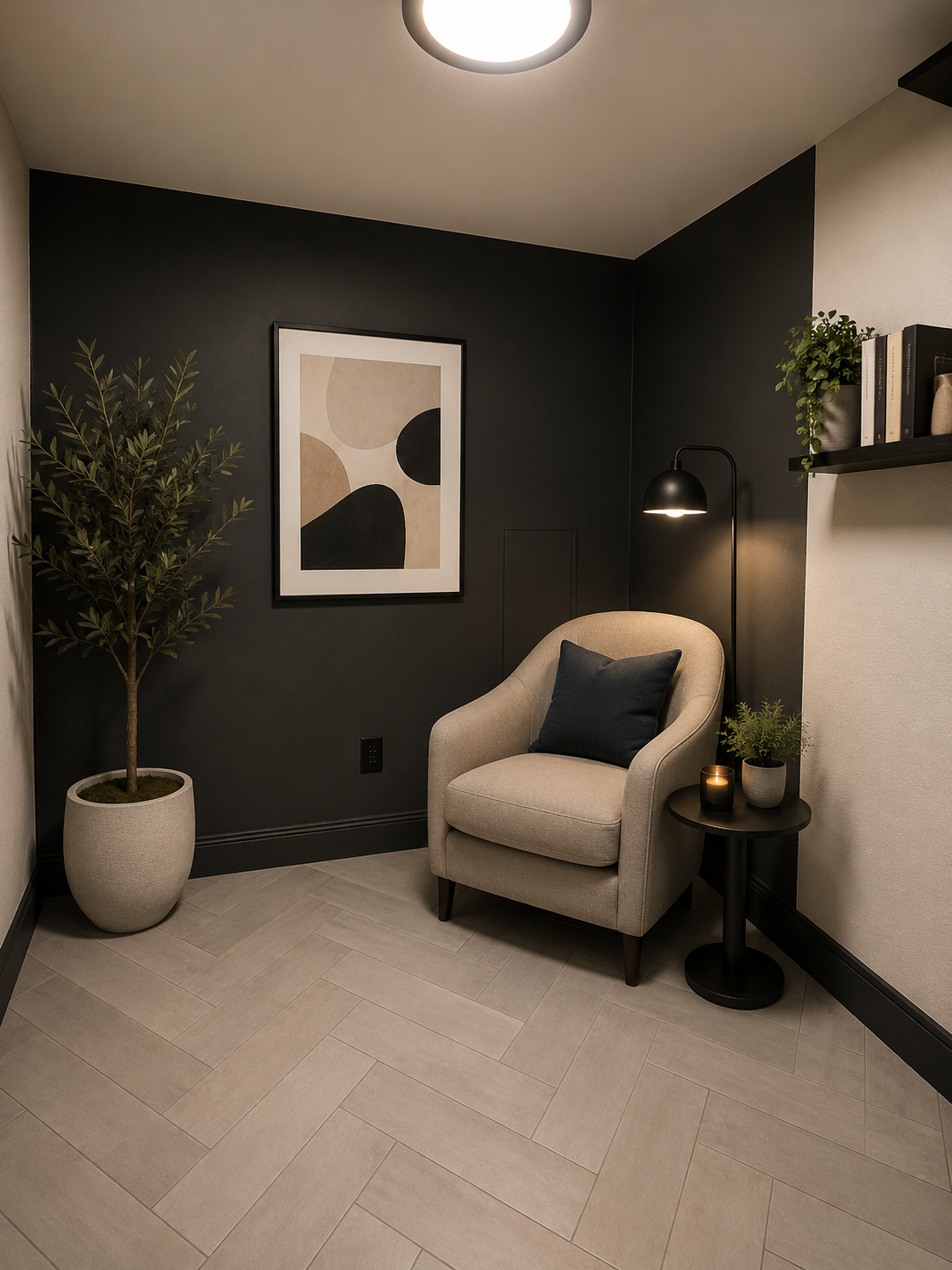 Cozy corner with a beige armchair, black cushion, black side table with candle and plant, black wall lamp, abstract art on black wall, potted plant, bookshelf, and neutral-colored floor tiles.