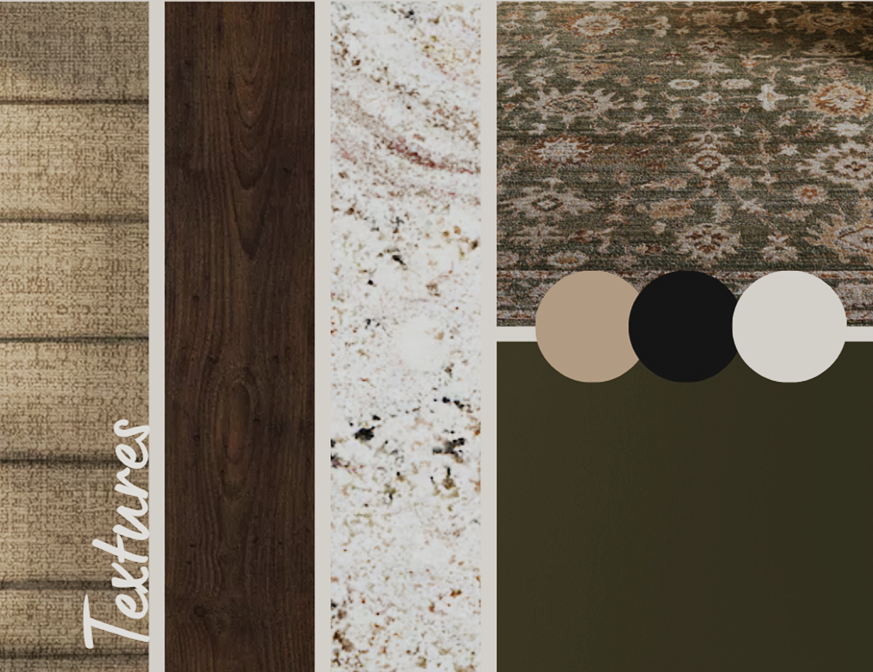 A color palette featuring textures and finishes for interior design, including wood, stone, fabric, and paint swatches.