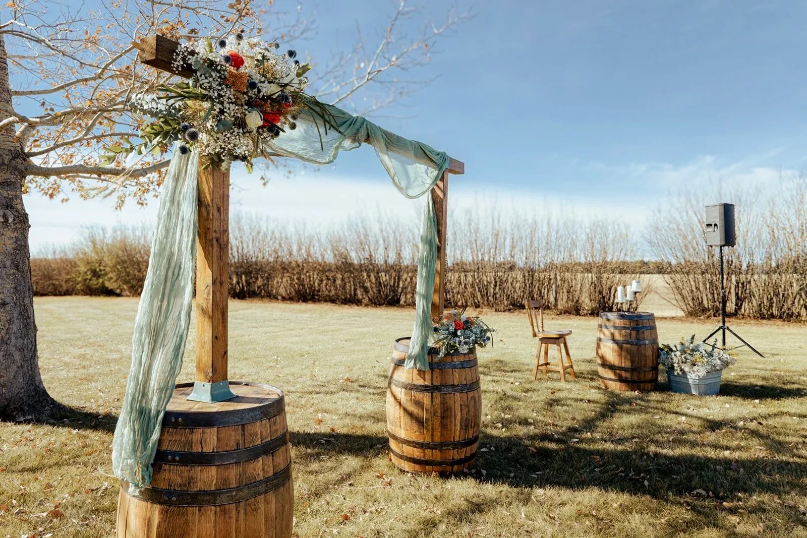 Outdoor wedding ceremony goals for Alberta rural prairie wedding, at Open Country Farm event centre and cabin stays, near Three Hills Alberta