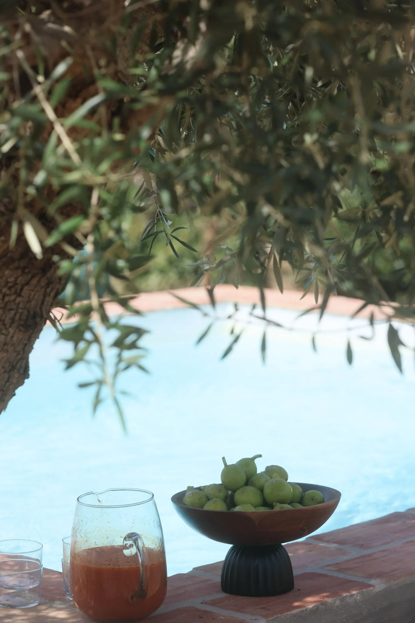 A ceramic bowl filled with green apples on a brick table, a pitcher with a red beverage, and clear glasses beneath a tree with green leaves, overlooking a pool.