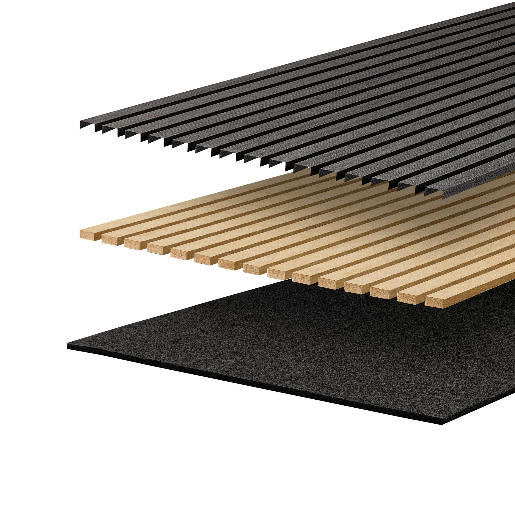 Tre lag av trematerialer i ulike farger og teksturer, isolert på hvit bakgrunn.