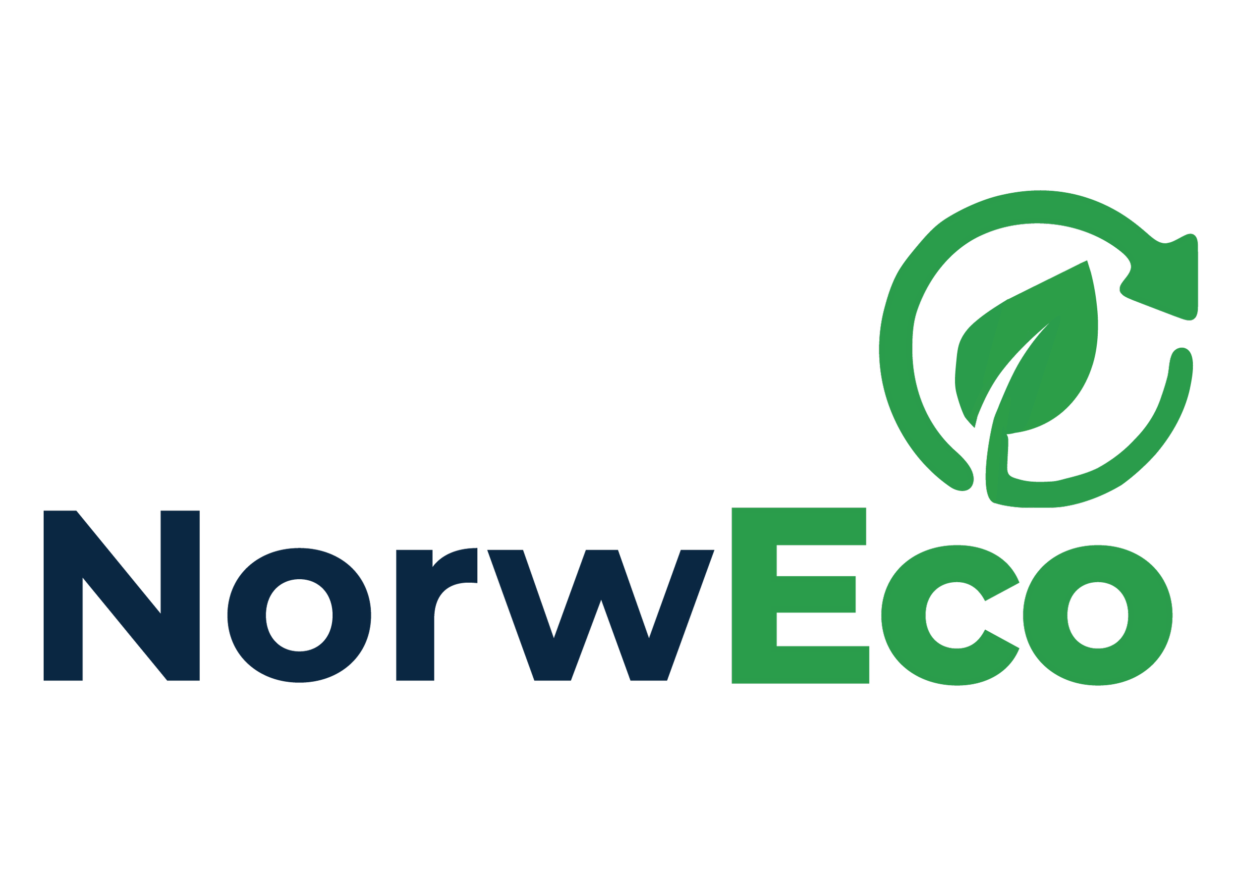 Logo for NorwECO, featuring the text 'NorwECO' med 'Norw' i blått og 'ECO' i grønt, og en grønn sirkel med en blad-ikon som symbol på miljø og bærekraft.