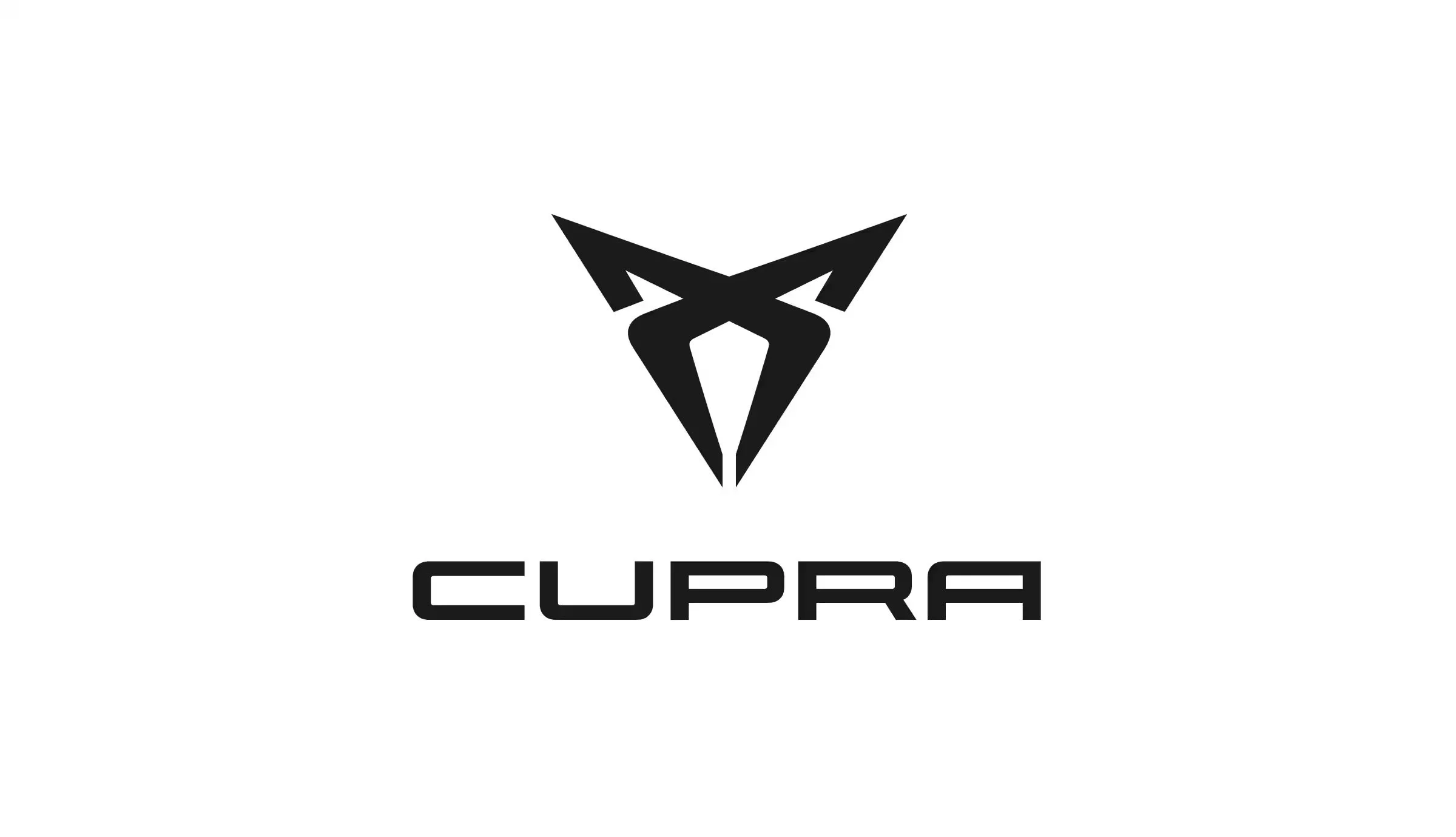 Logotipo en negro y blanco con un símbolo geométrico y la palabra "CUPRA" debajo.