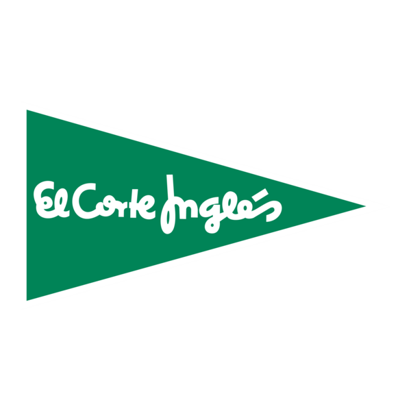 Bandera de tela con logotipo de El Corte Inglés en forma de triángulo verde con texto en blanco.