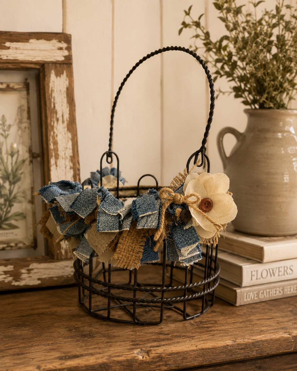 Rustic Farmhouse Wire Basket with Denim and Burlap Garland