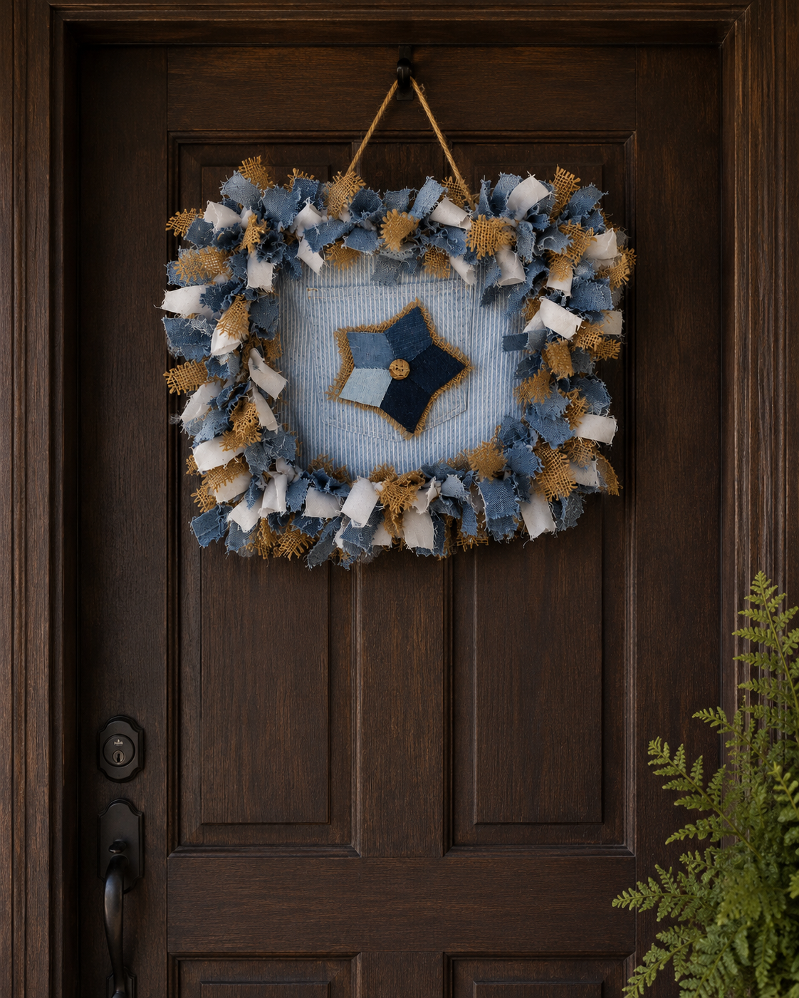Denim and burlap square wreath oudoors.png