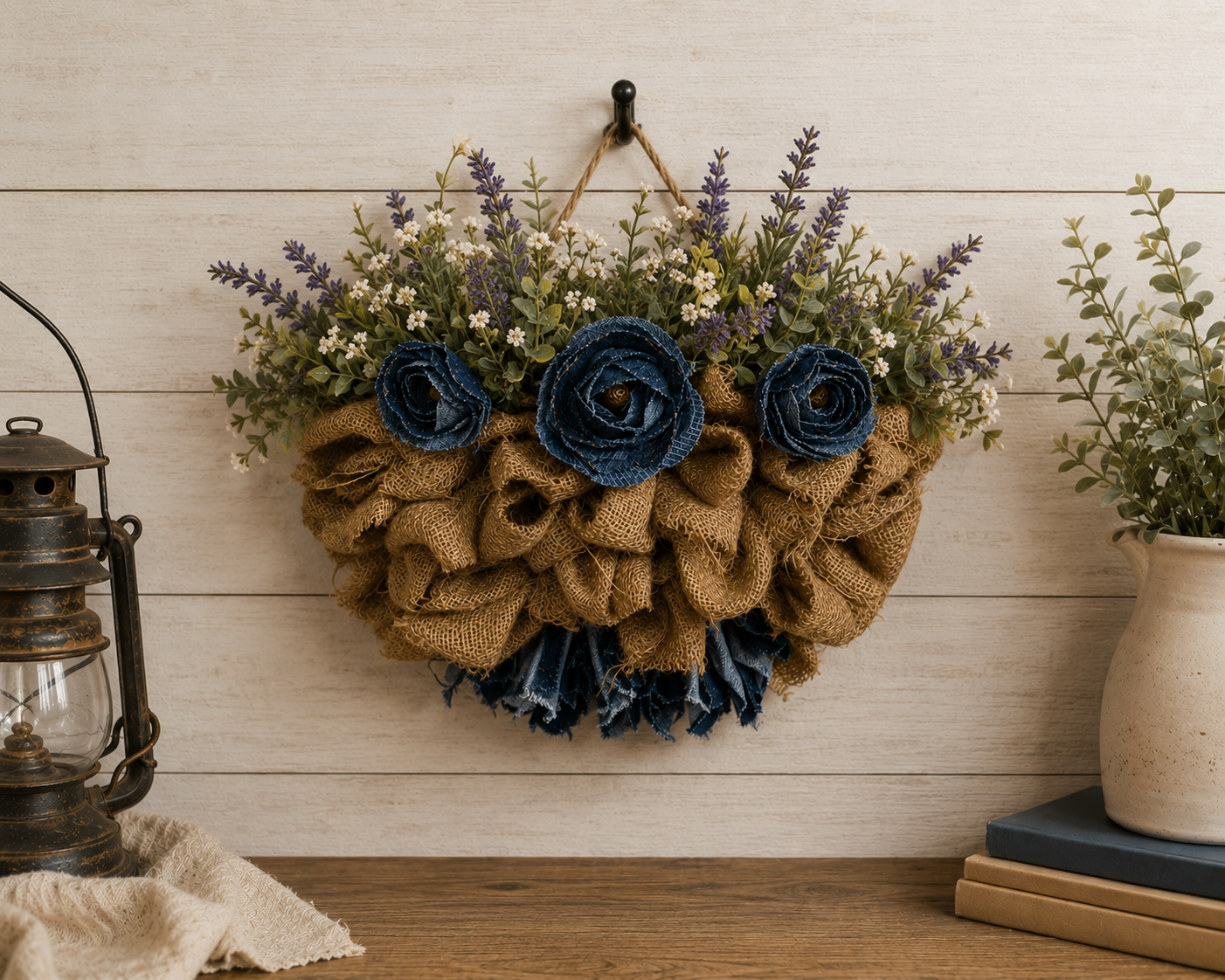 Burlap planter with denim flowers lifestyle.png