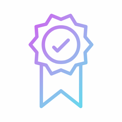 Outline of a badge with a checkmark in the center and a ribbon hanging down, in gradient purple and blue colors.