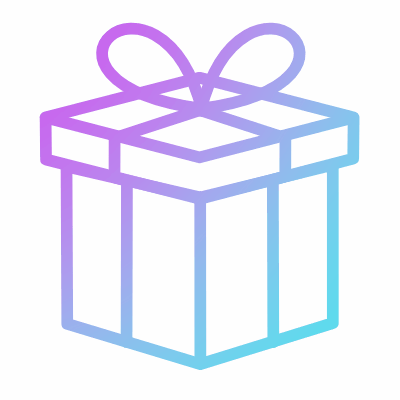 Line drawing of a gift box with a bow, featuring gradient colors from purple to blue.
