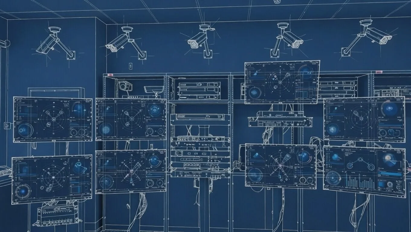 Blueprint of a security camera room with multiple screens showing radar and data displays, surveillance cameras mounted on the ceiling, and technical equipment.