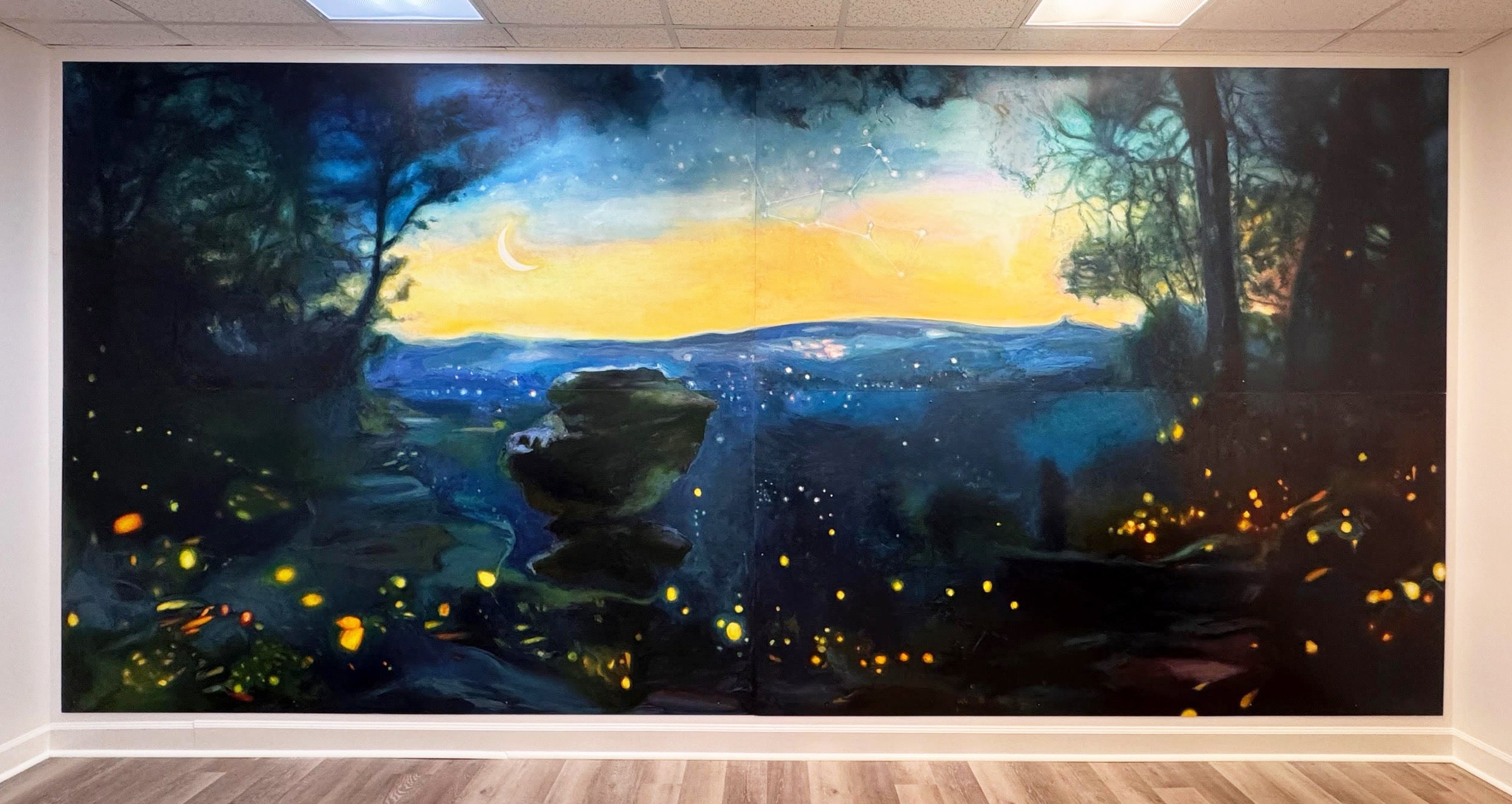 Night landscape painting of trees, a stream, fireflies, and a sky with a crescent moon and constellations, transitioning from sunset to night.
