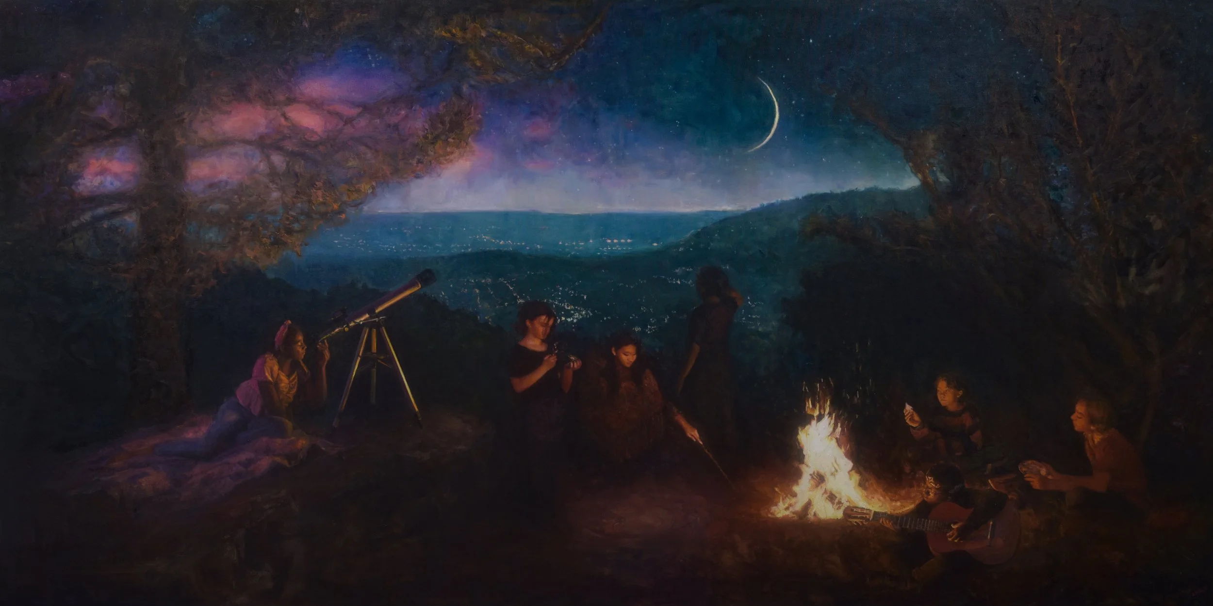 Children and a woman sitting around a campfire at night, with a starry sky, a crescent moon, a telescope, and looking at the sky or playing guitar.