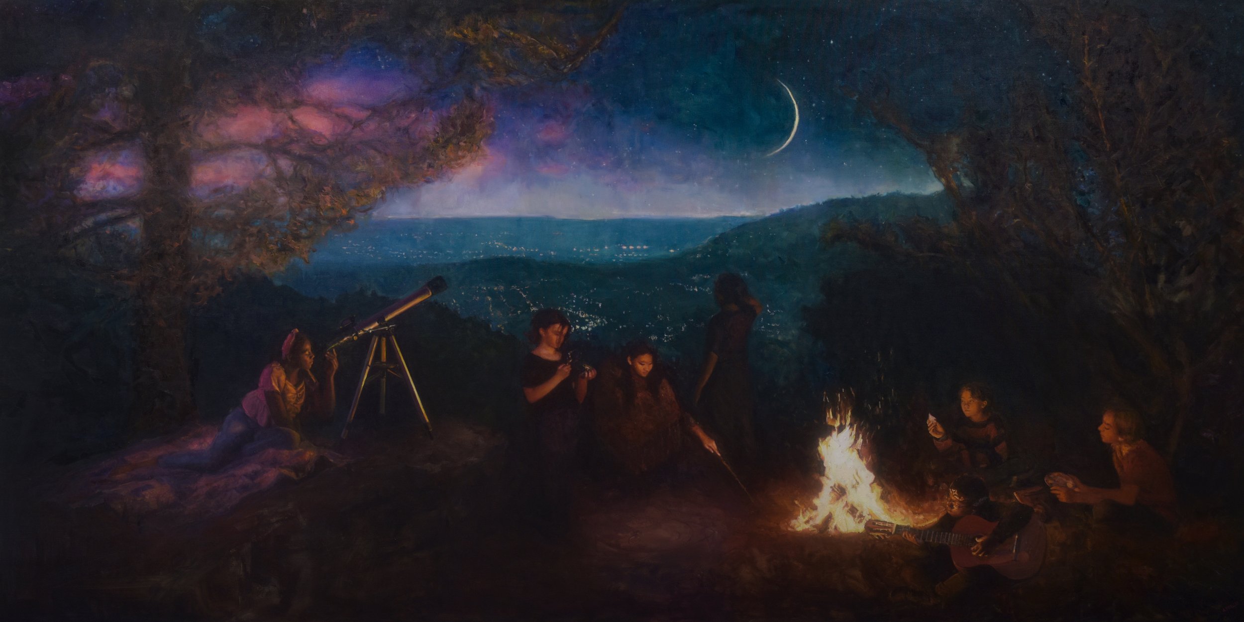 People gathered around a campfire at night, with a telescope pointed toward the starry sky and a crescent moon, under trees with a view of mountains in the background.
