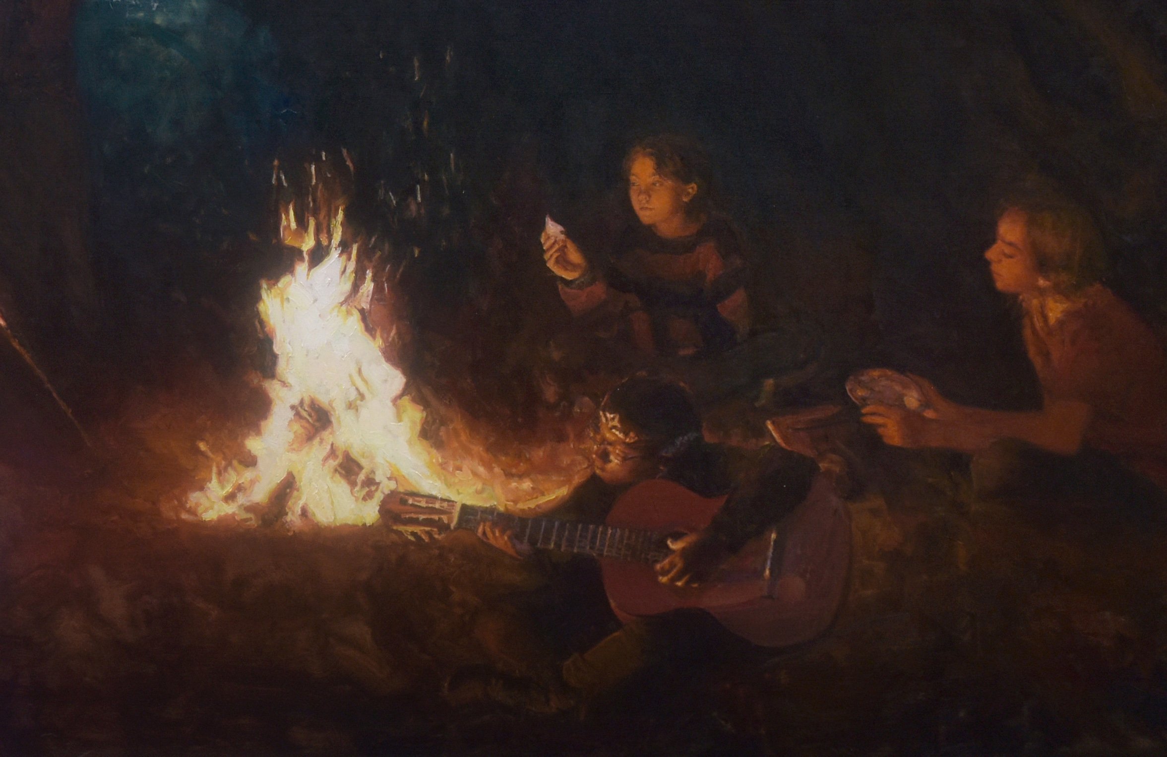 Three children gathered around a campfire at night, with one playing guitar and another holding a snack, creating a cozy outdoor scene.