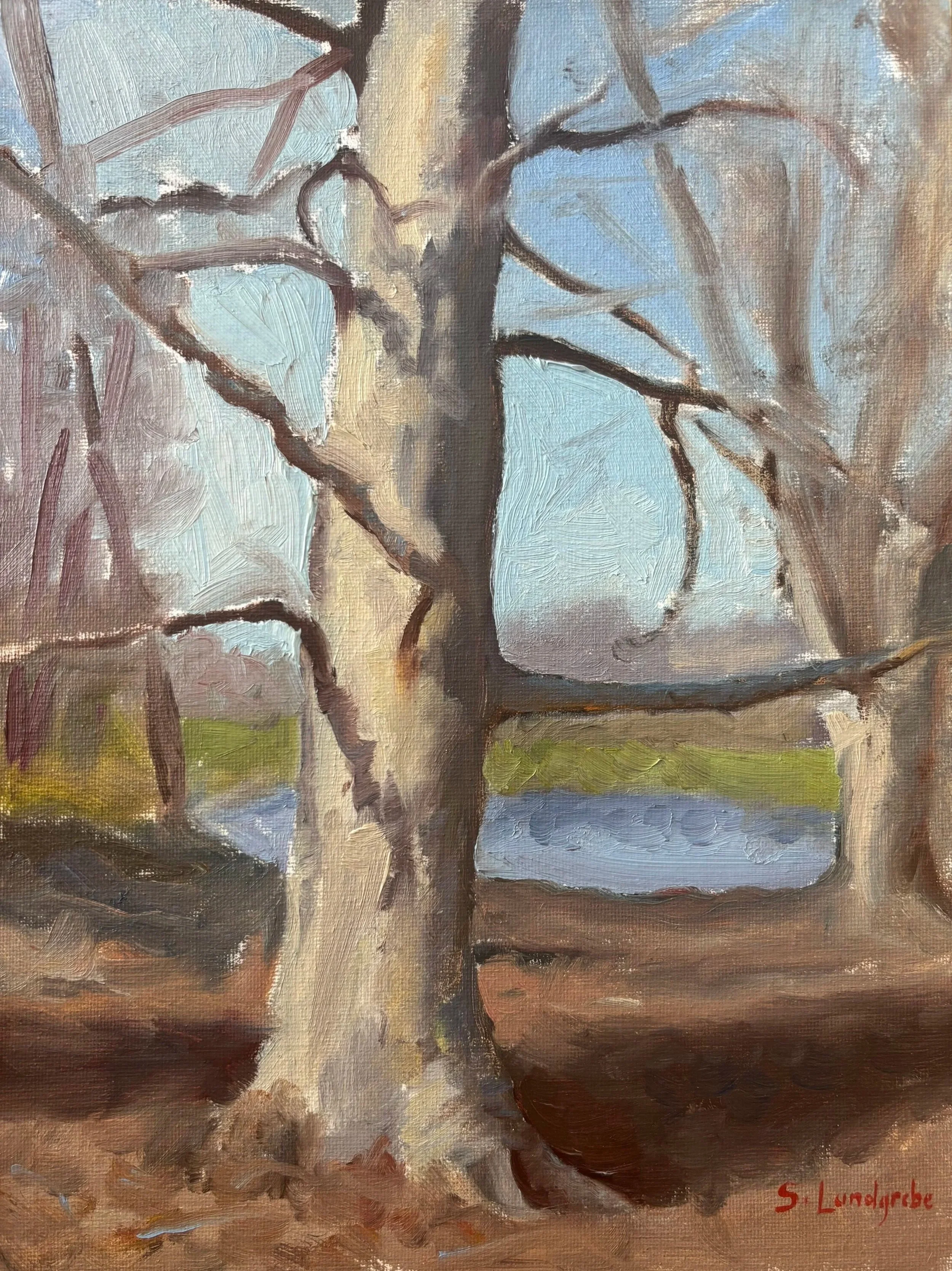 Oil painting of a leafless tree near a body of water with grass in the background, signed by S. Lundgrabe.