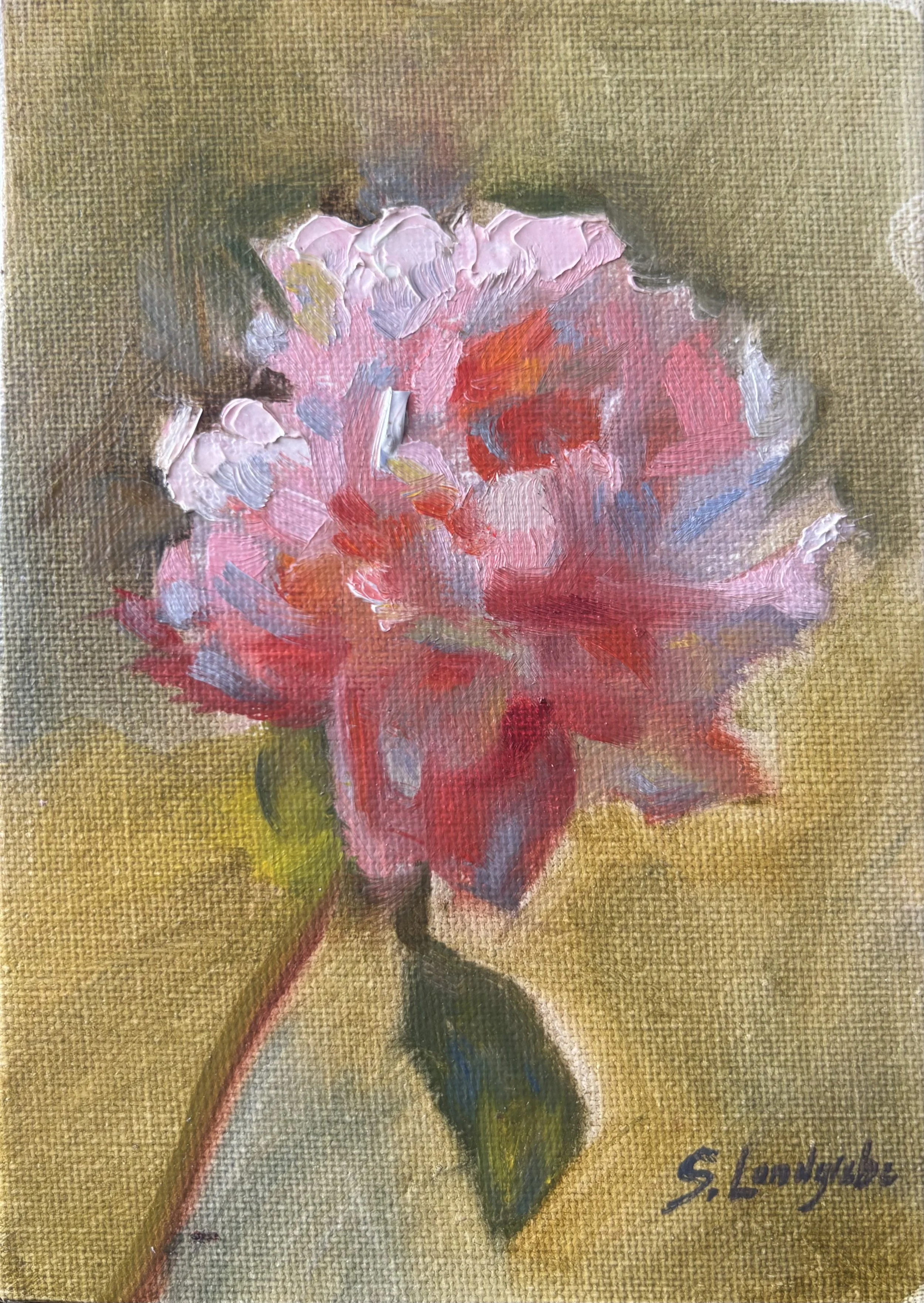 Painted flower with pink and red petals in a vase on a yellow background, signed "S. Londere".