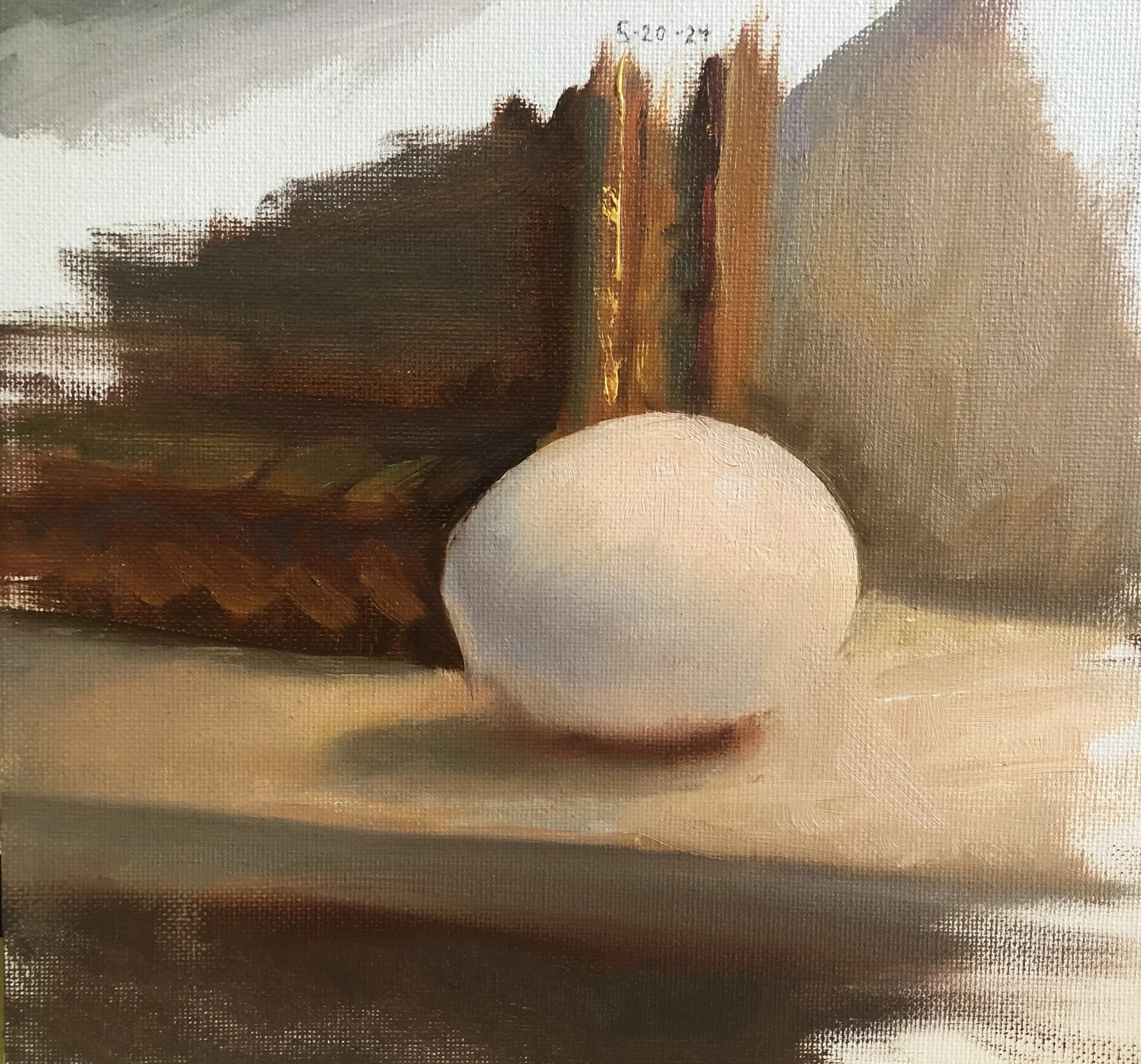 A still life painting of a white egg resting on a cloth with a brown basket and a textured background, with warm earthy tones.
