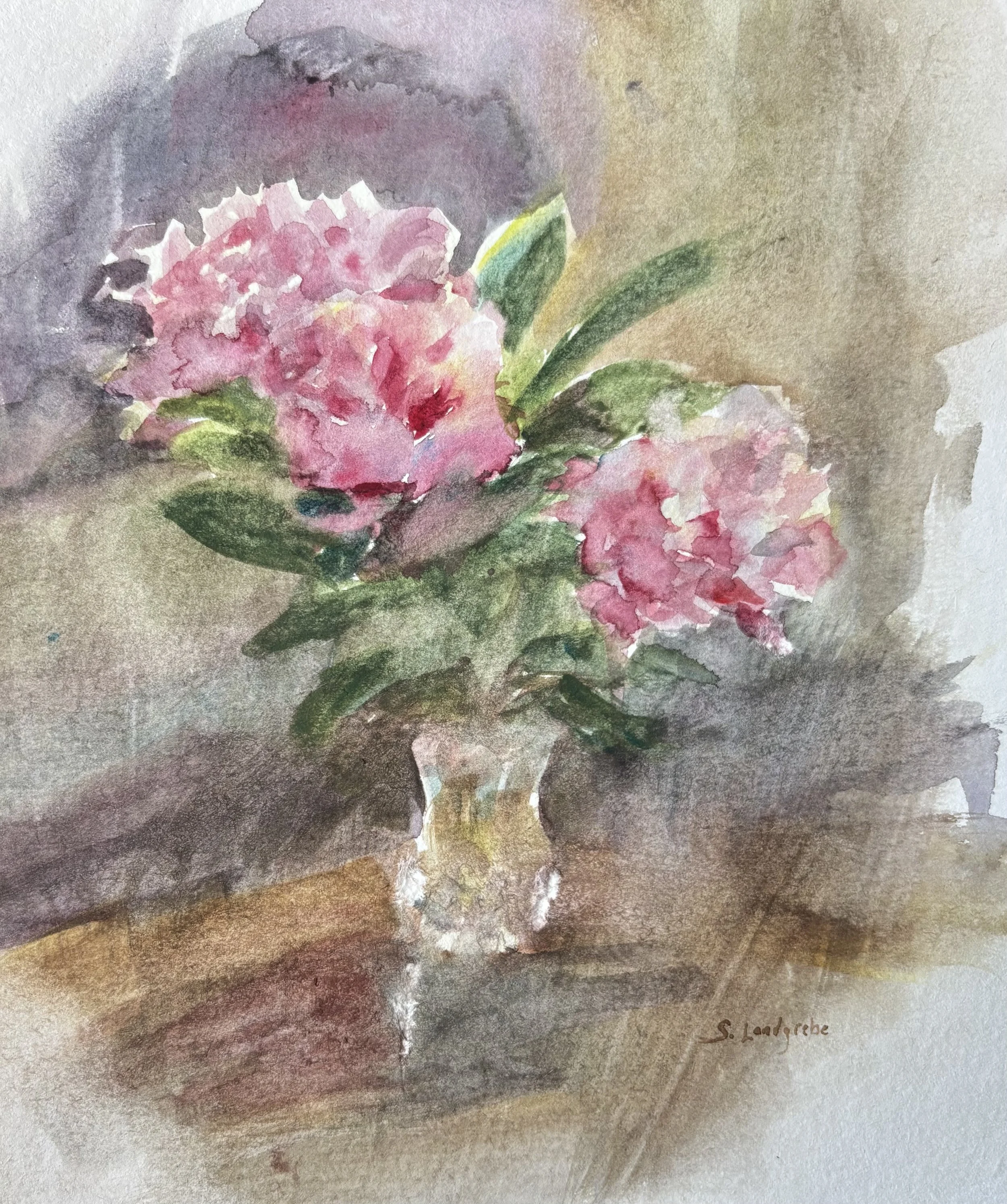 Watercolor painting of pink flowers in a glass vase on a table.