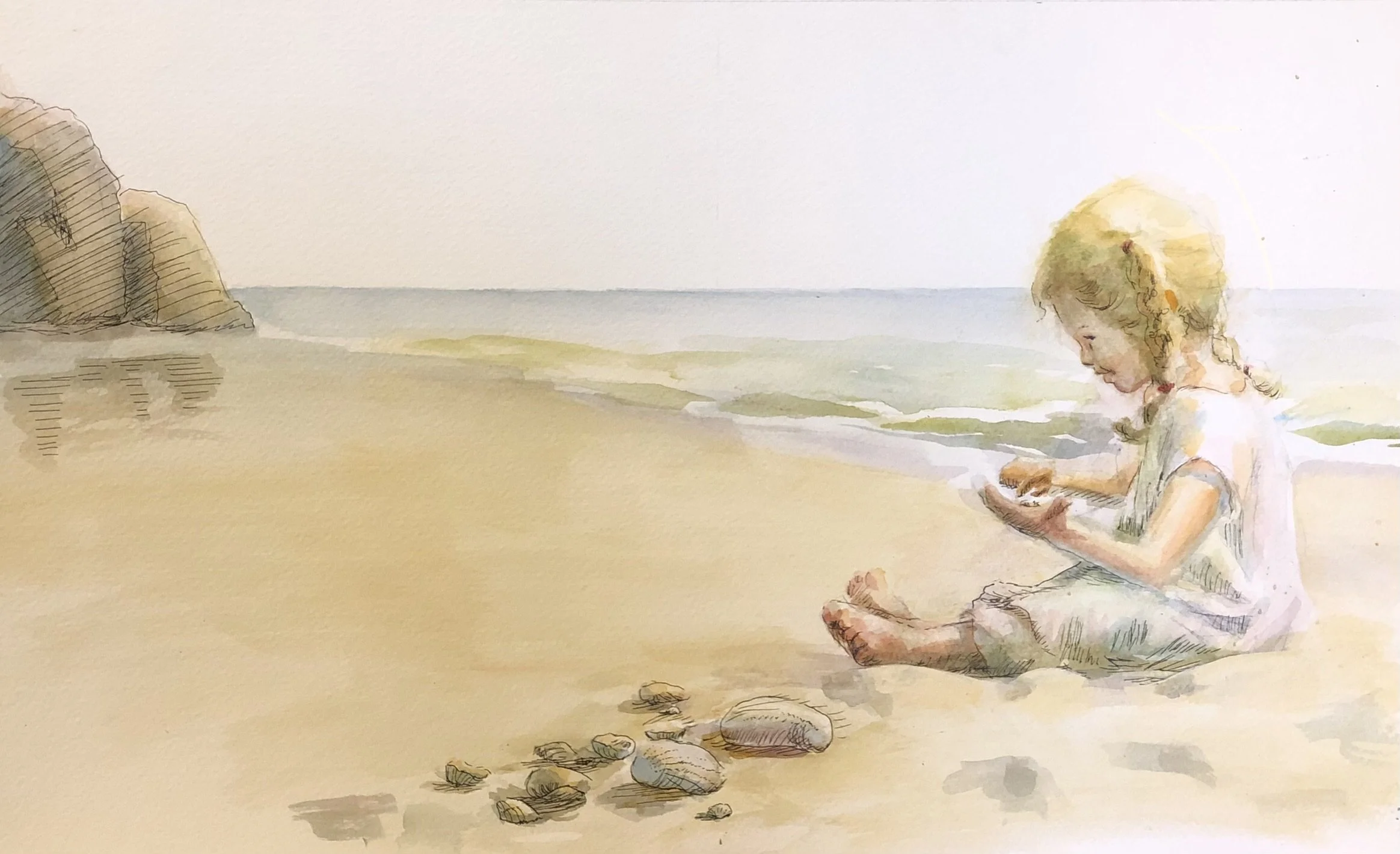 A watercolor painting of a young girl sitting on the beach, playing with seashells, with rocks and the ocean in the background.