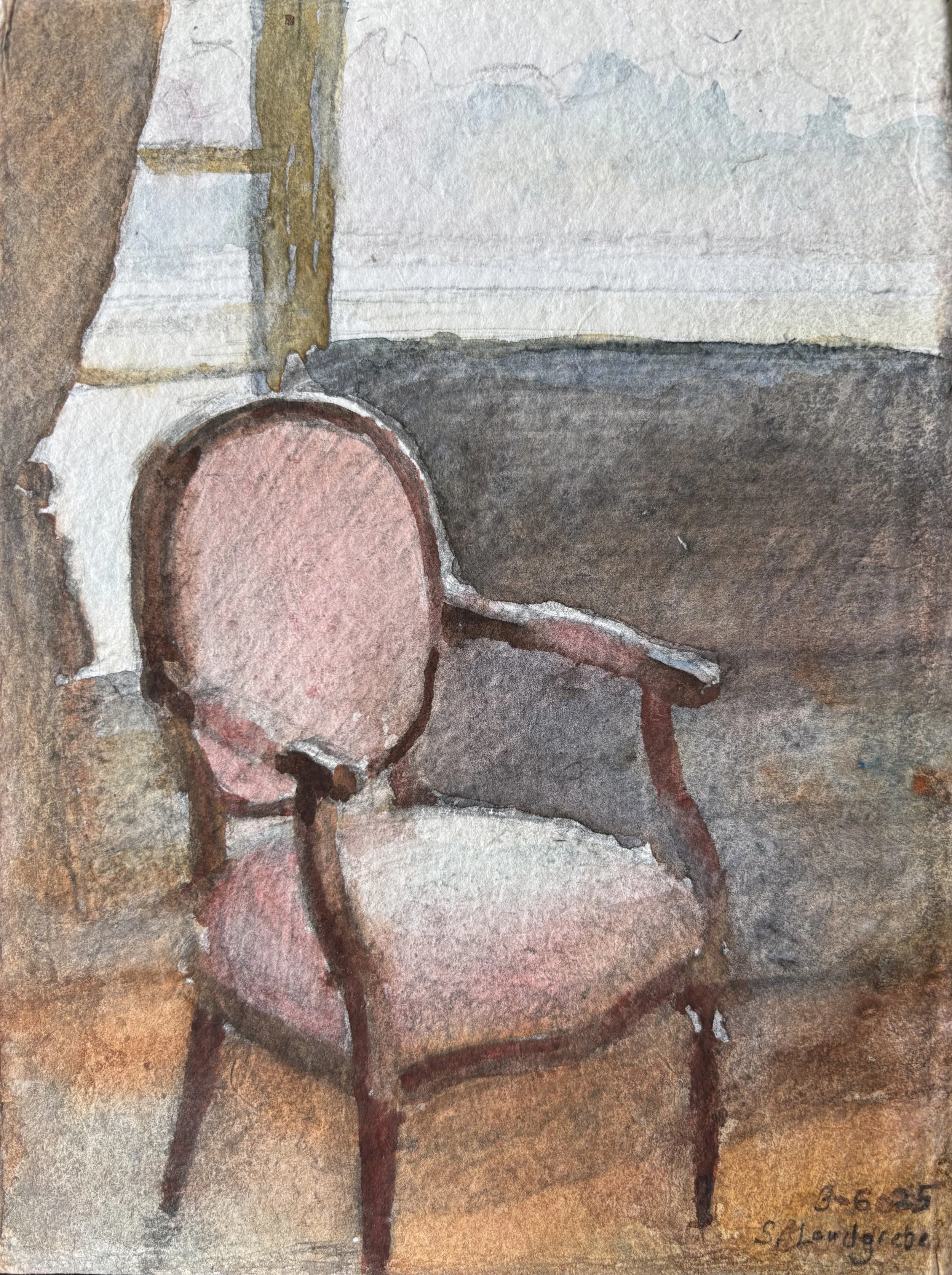 Watercolor painting of an antique pink upholstered armchair with wooden frame, positioned next to a stone wall, with a window in the background.
