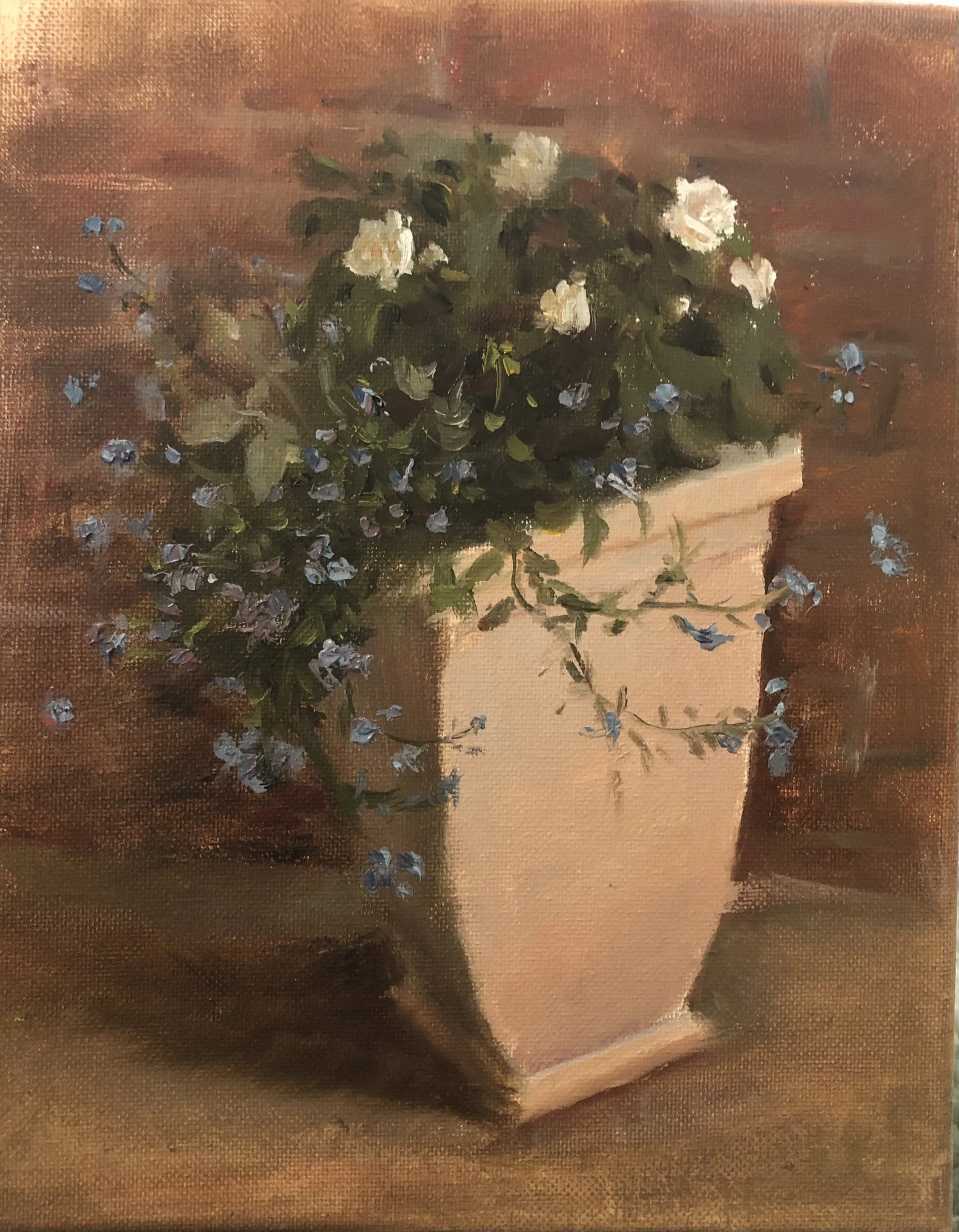 A painting of a potted plant with white and blue flowers on a brown surface.