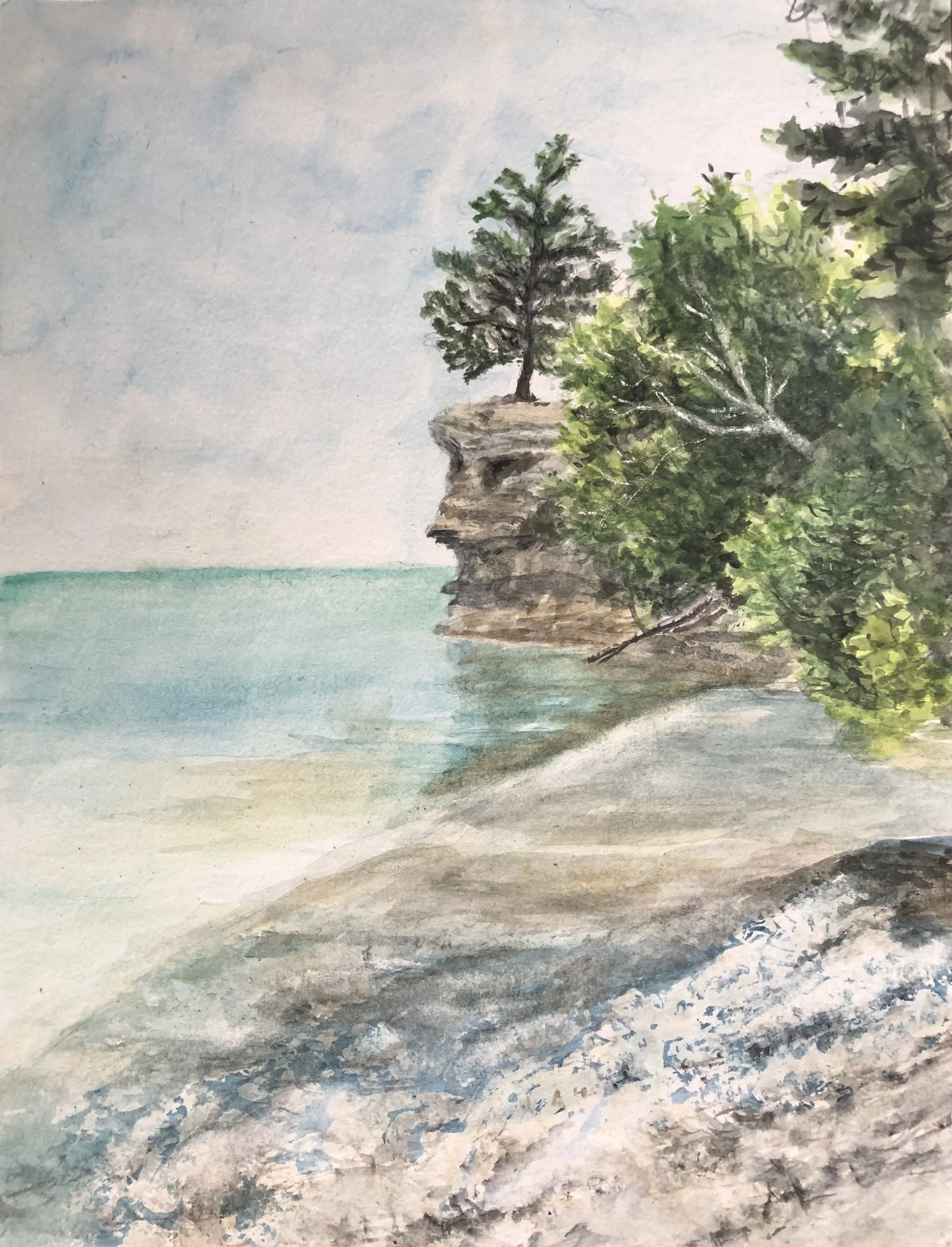 Watercolor painting of a rocky shoreline with a cliff featuring a face profile, topped with a tree. Green foliage extends from the cliff to the right, meeting the calm ocean under a pale sky.