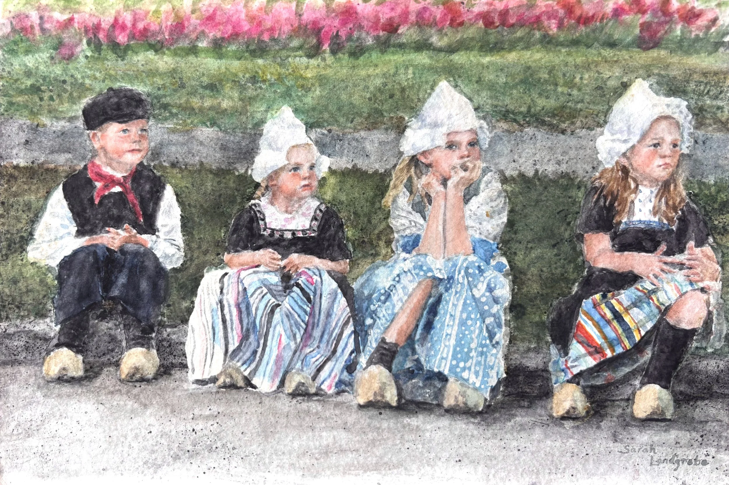 A watercolor painting of four children in traditional European clothing sitting on a stone ledge outdoors, with a grassy and floral background.