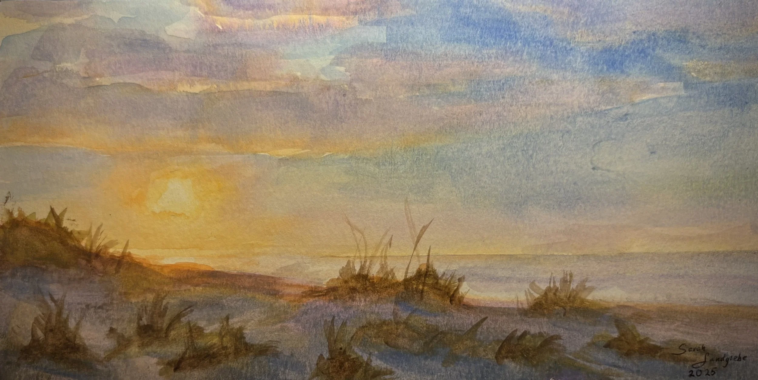 Watercolor painting of a sunrise over a beach with sparse vegetation and distant horizon