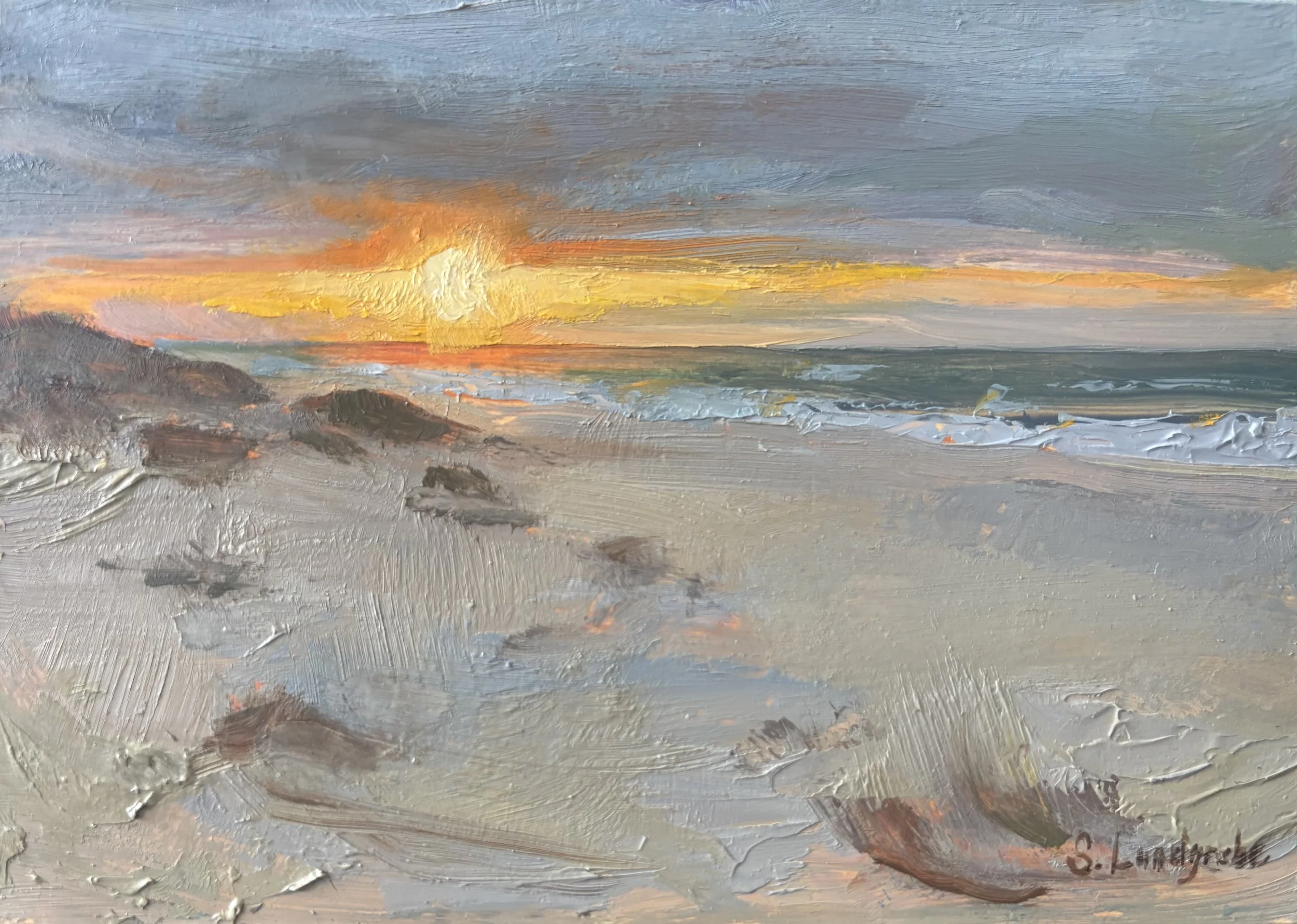 An impressionistic painting of a beach at sunset with the sun setting behind distant hills, casting warm orange and yellow hues across the sky, with textured waves crashing on the sandy shore.