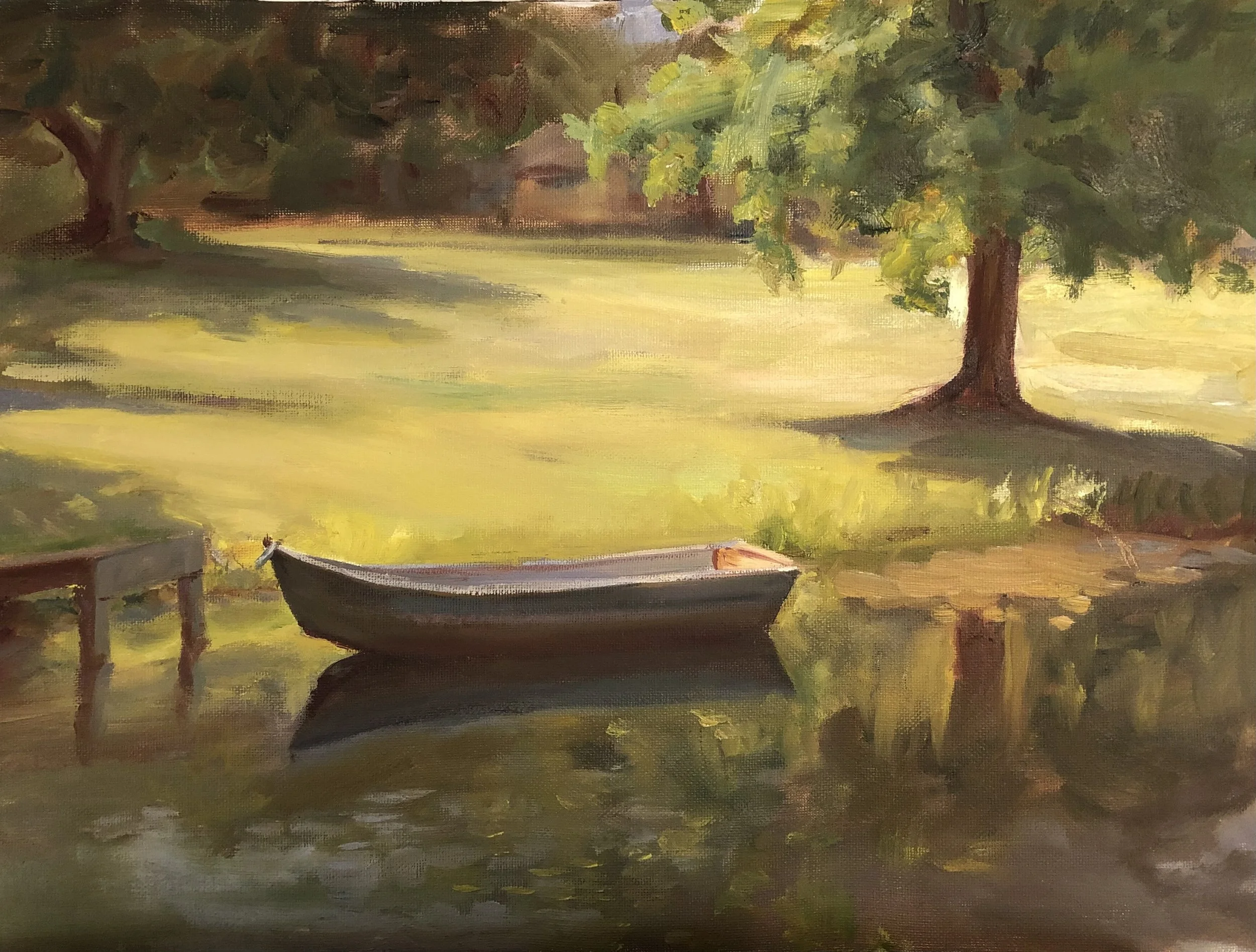 A calm water scene with a small boat docked by a pier, surrounded by trees and greenery, painted in a soft, impressionistic style.