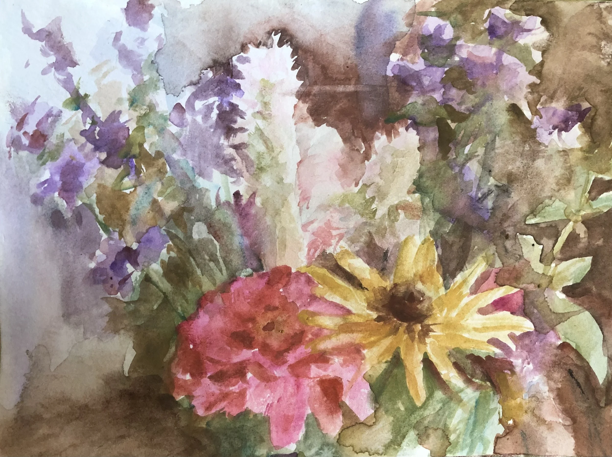 Watercolor painting of a colorful bouquet of flowers, including purple, pink, yellow, and green hues.