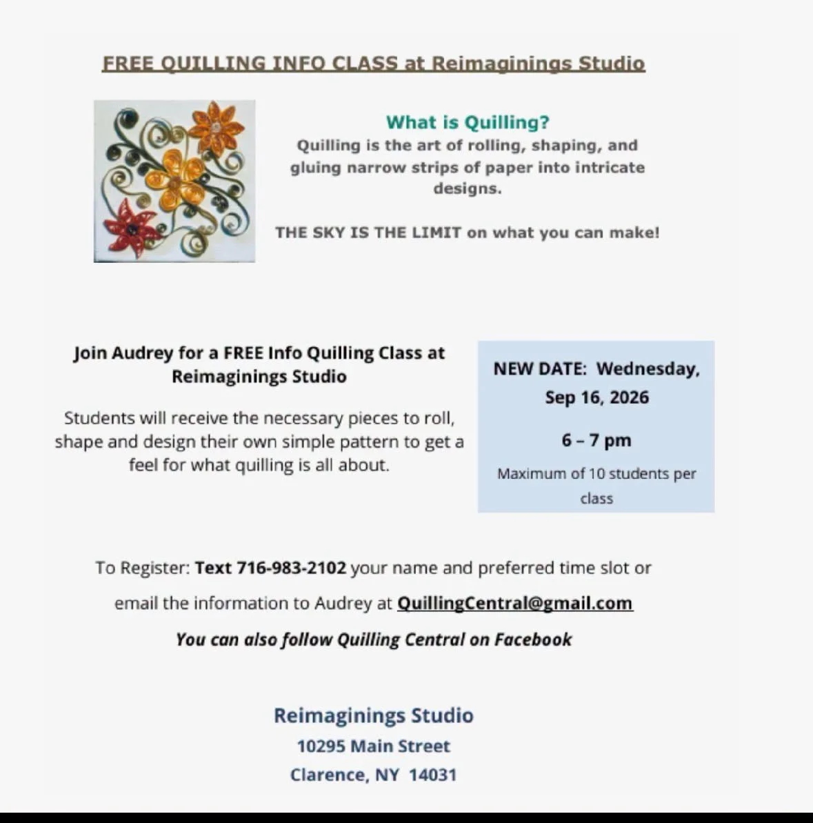 FREE PAPER QUILLING CLASS - Wednesday, September 16, 2026