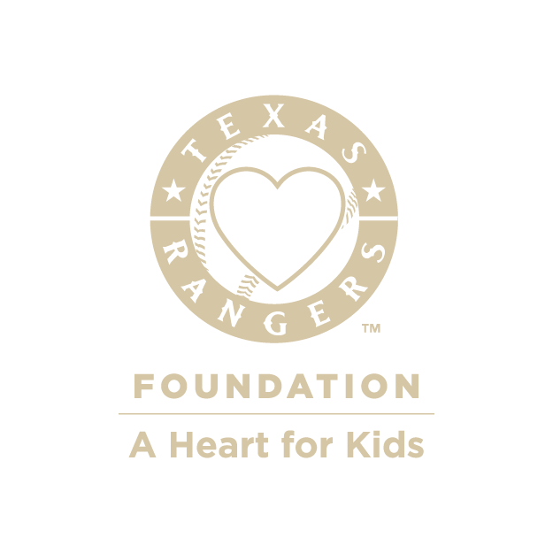 Logo of Texas Rangers Foundation with a heart and rope design, text reading 'Texas Rangers Foundation, A Heart for Kids' on a black background.