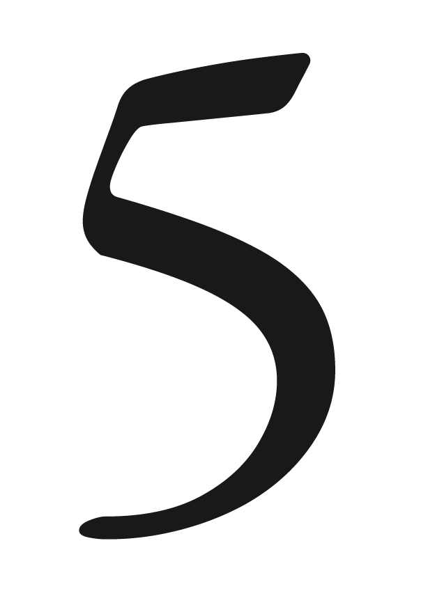 A black and white stylized number 5 with a sleek, flowing design.
