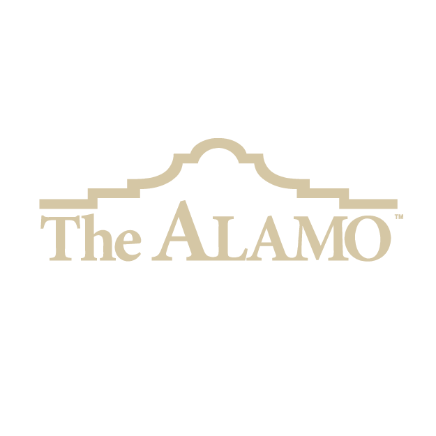 The Alamo logo with beige text and a stylized representation of the Alamo mission's facade on a black background.
